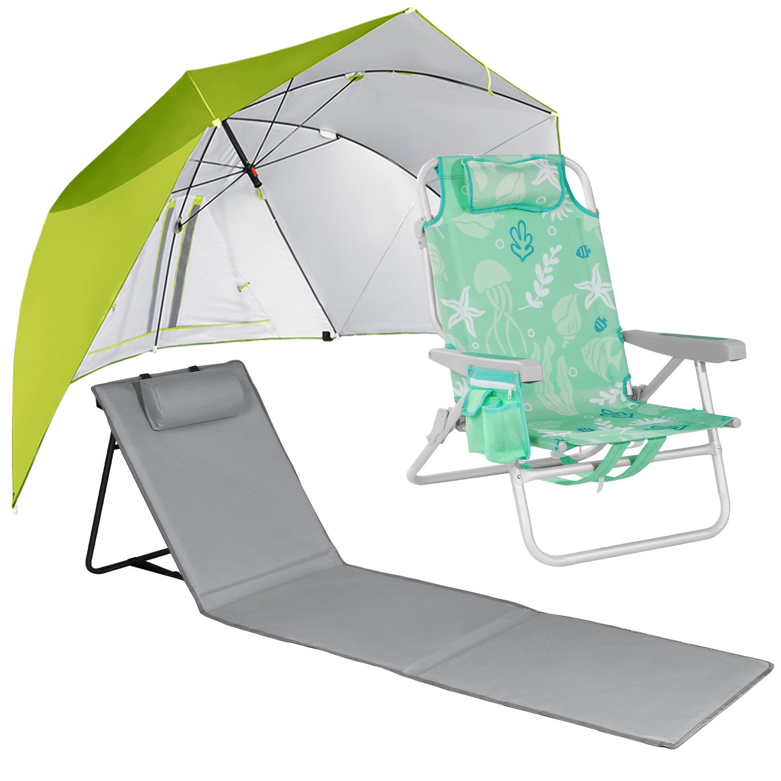 HOMECALL Strandmuschel sonnenschirm strand&strandstuhl klappbar leicht&Strandmatte Strand Set, Personen: 2 (mit umbrella system UV-resistentes 50+ Khaki für 2-3 Personen, große Kühltasche und Aufbewahrungstasche)