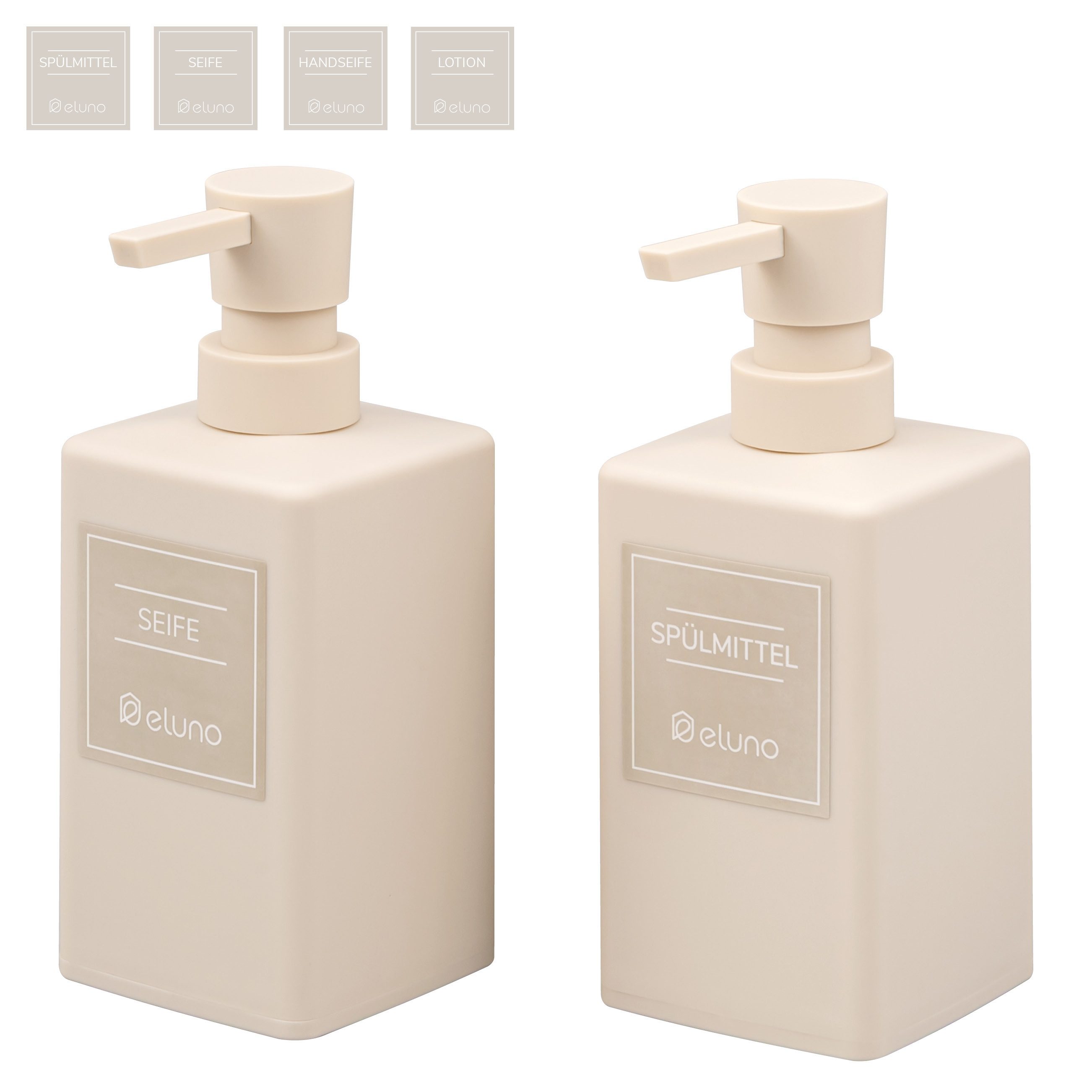 eluno Seifenspender 2er Set mit Soft-Touch Oberfläche, (2-tlg), inkl. wasserfeste Hinweisaufkleber