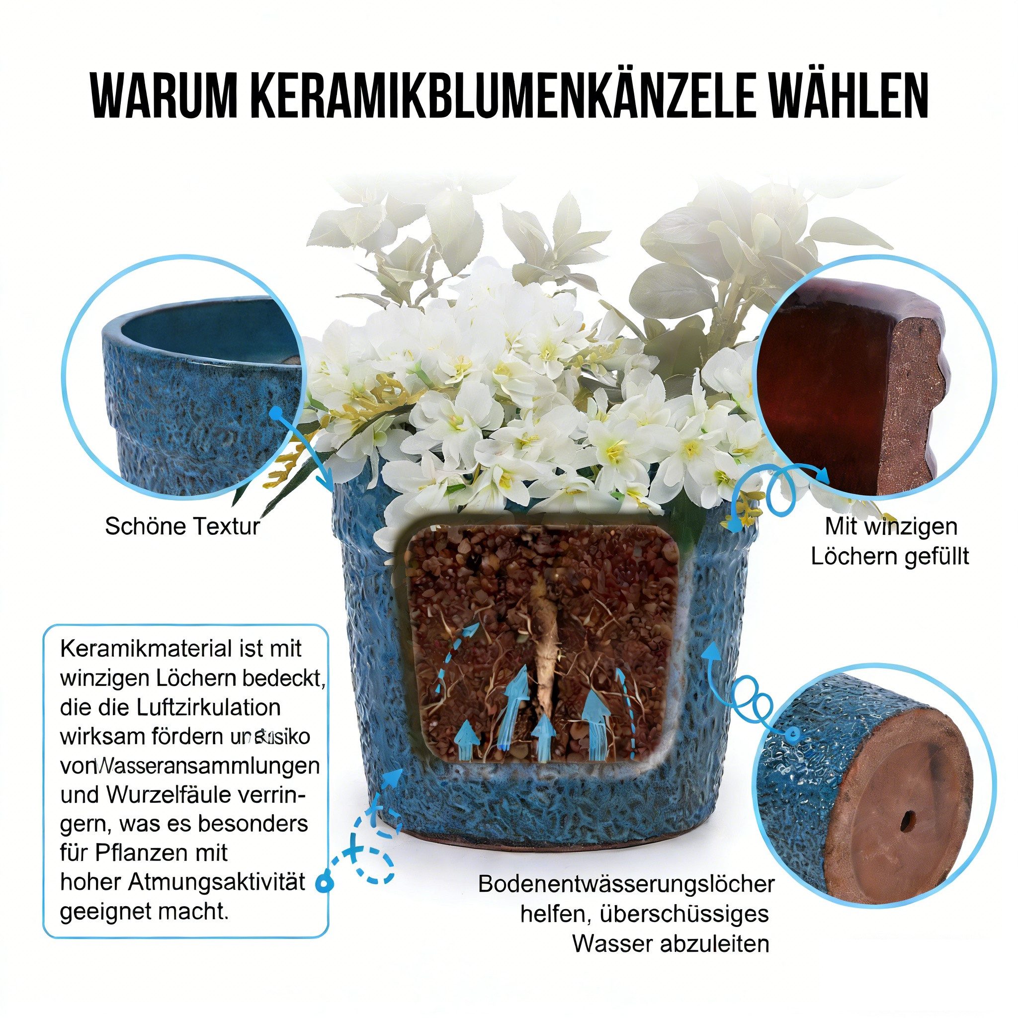 HAUSS SPOLE Blumentopf 3-tlg Keramikpflanztopf mit fleckig-körnige Glasur,Pflanzkübel in Blau (Moderner Pflanzbehälter Pflanzgefäß mit Keramikmaterial), wetterfester Pflanzkübel für Innen- und Außenbereich
