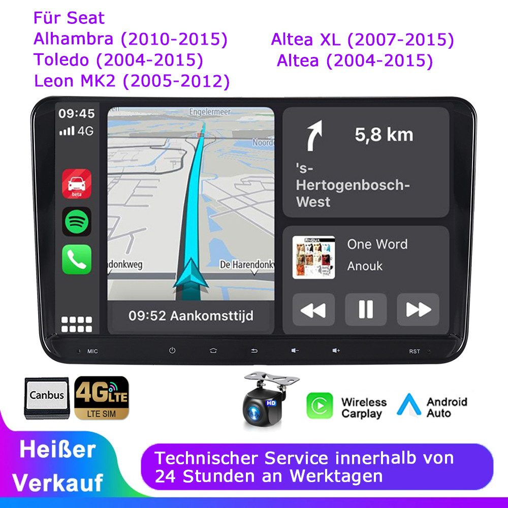 A-Sure 9" 64GB 4G-LTE WIFI RDS CarPlay Für Seat Alhambra Altea XL Leon Toledo Autoradio (Digitalradio (DAB), Bluetooth, DSP, SWC, Siri, Mirrorlink, Google play, Netflix, Youtube, Calendar, TikTok)