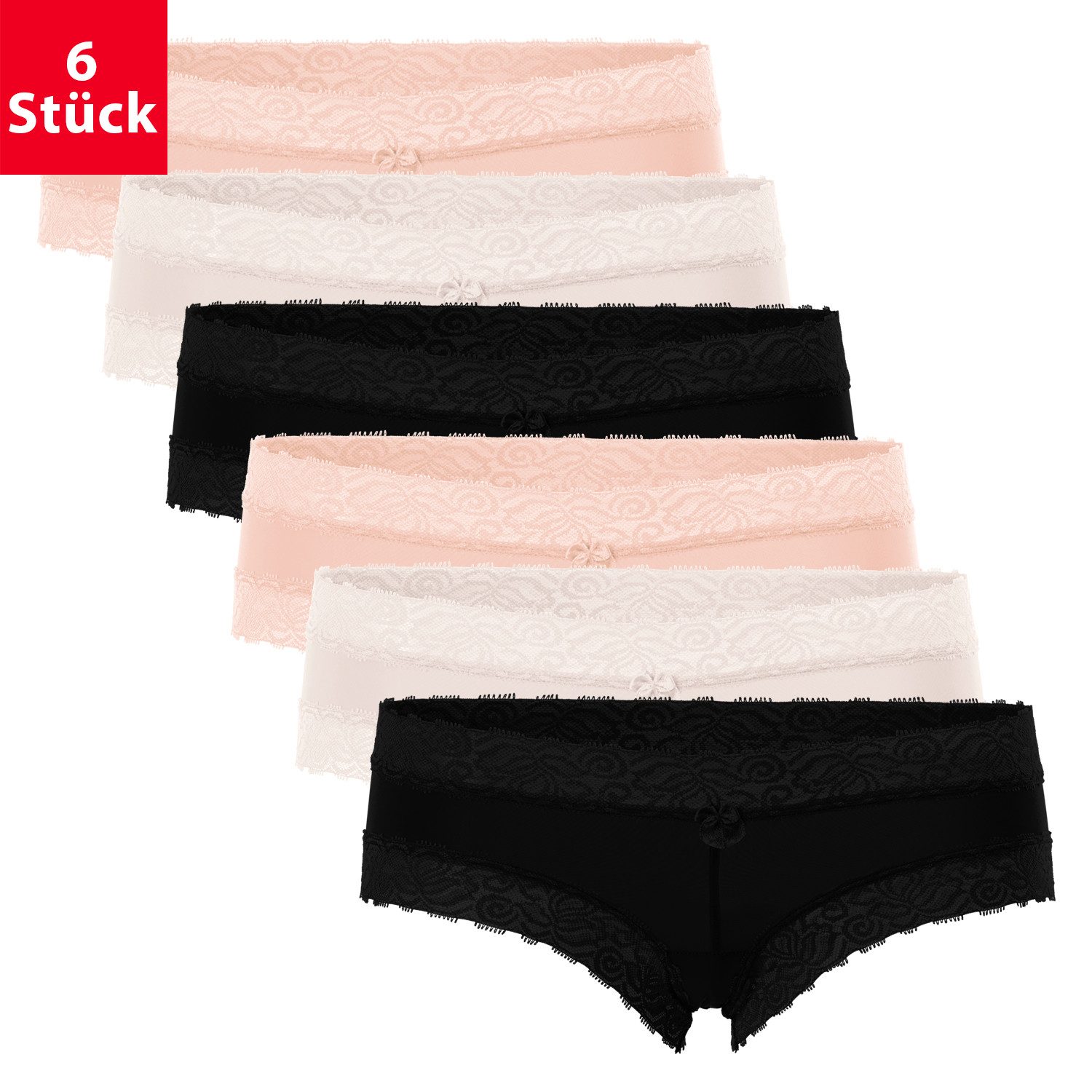 Panty Damen Hipster Panty mit Spitze (6er Pack) Dessous Slips