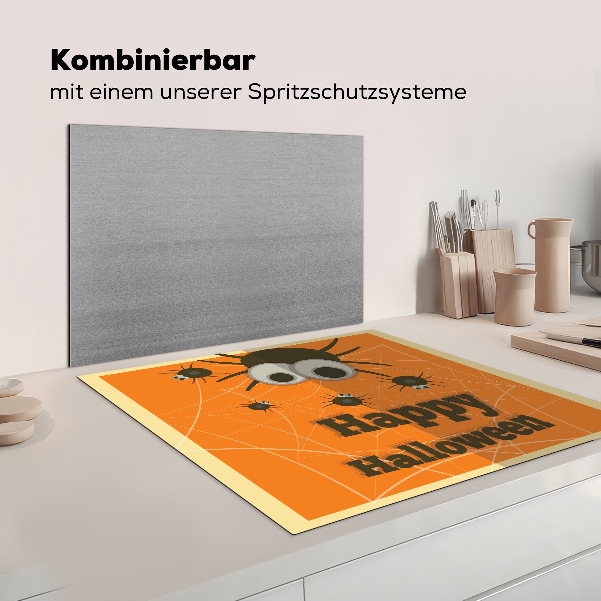 MuchoWow Herdblende-/Abdeckplatte Happy Halloween" mit Vinyl, (1 tlg), Spinnen, Arbeitsplatte 78x78 Ceranfeldabdeckung, für großäugigen cm, küche