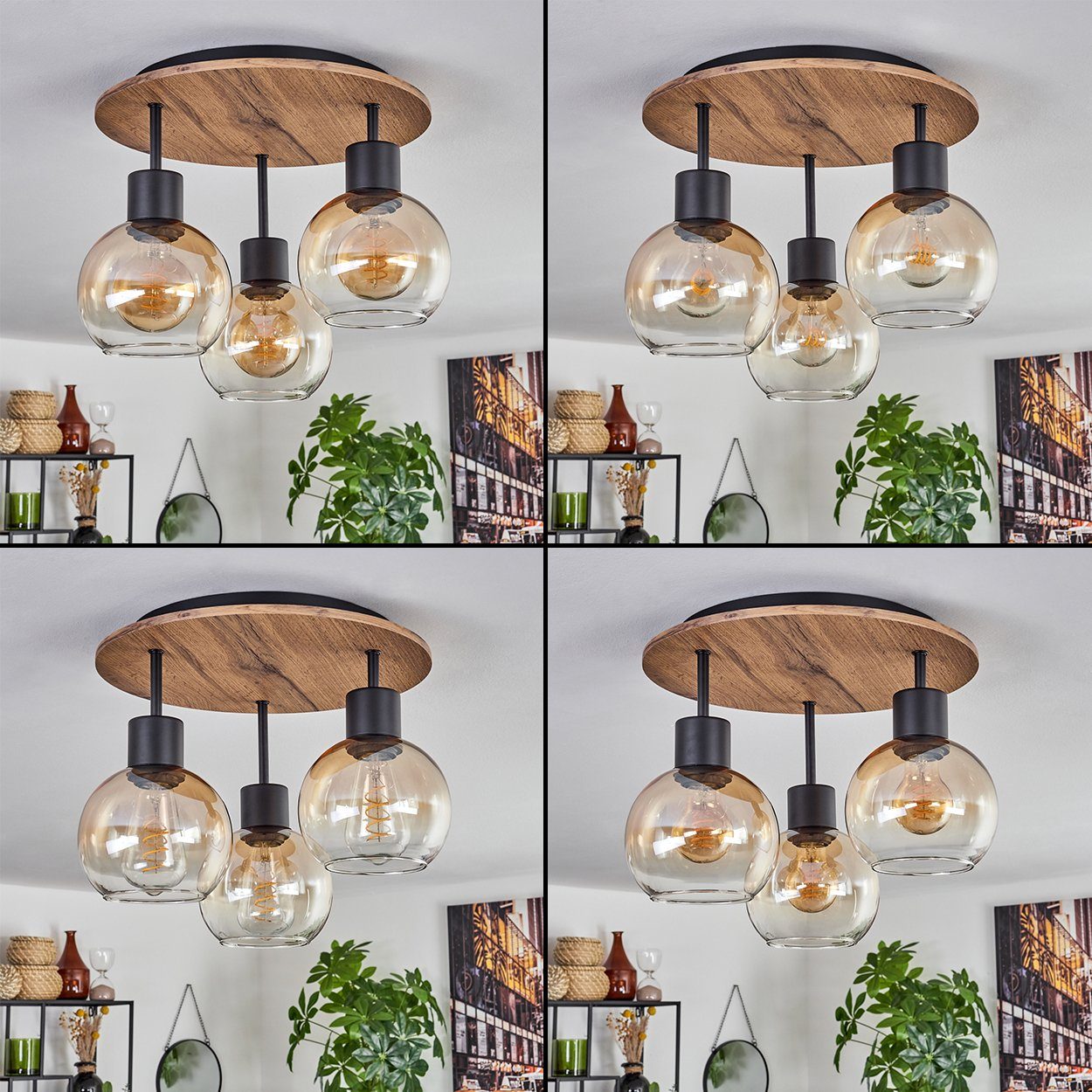 hofstein Deckenleuchte Deckenlampe aus Metall/MDF/Glas in Schwarz/Braun in Holzoptik, ohne Leuchtmittel, mit Schirmen aus Glas (15 cm), 3 x E27, ohne Leuchtmittel
