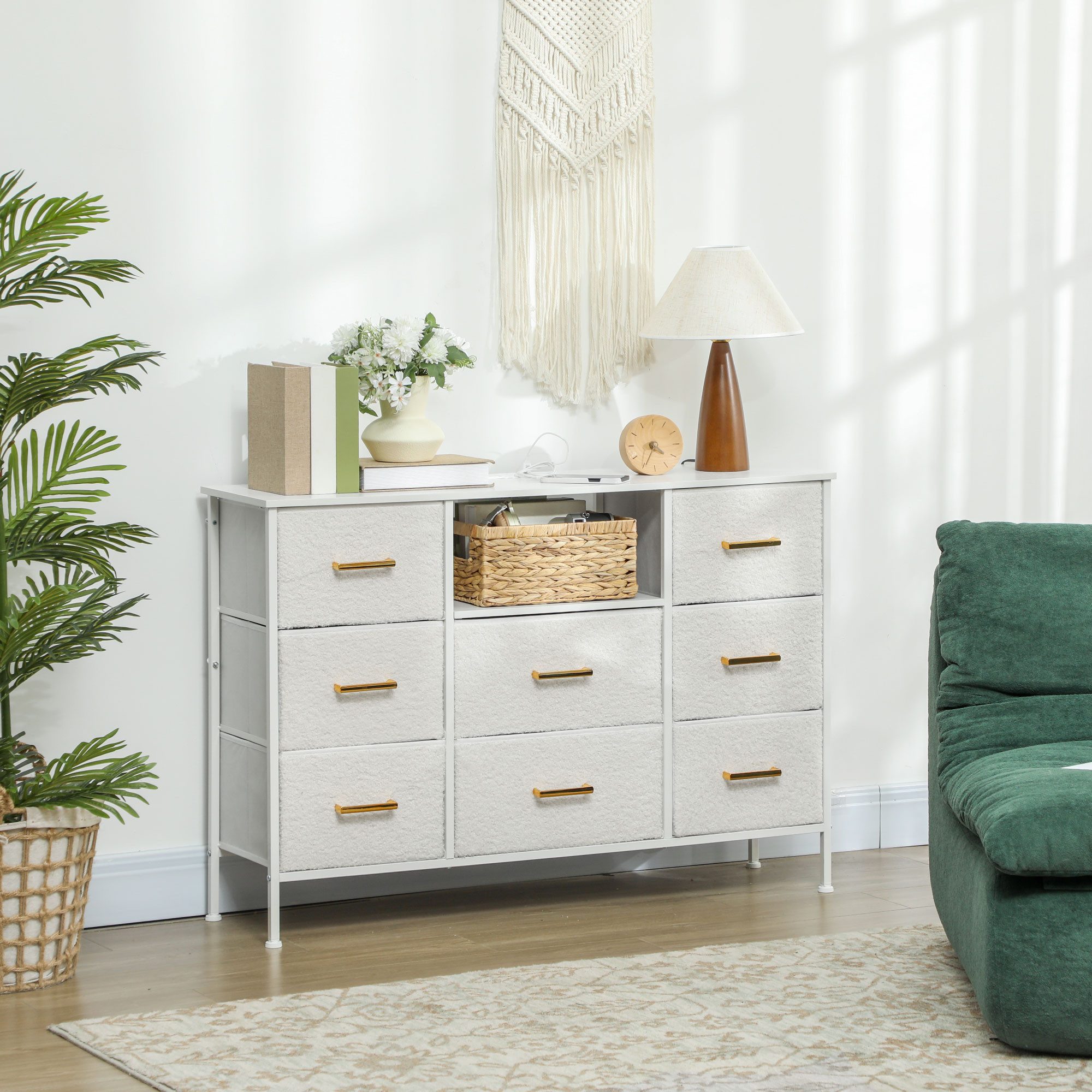 HOMCOM Kommode Kommode, Aufbewahrungsschrank, Steckdosenleiste, Stahlrahmen (Schubladenschrank, 1 St., Aufbewahrungsschrank mit 8 Schubladen aus Stoff), für Flur, Schlafzimmer, Wohnzimmer und Büro, Cremeweiß