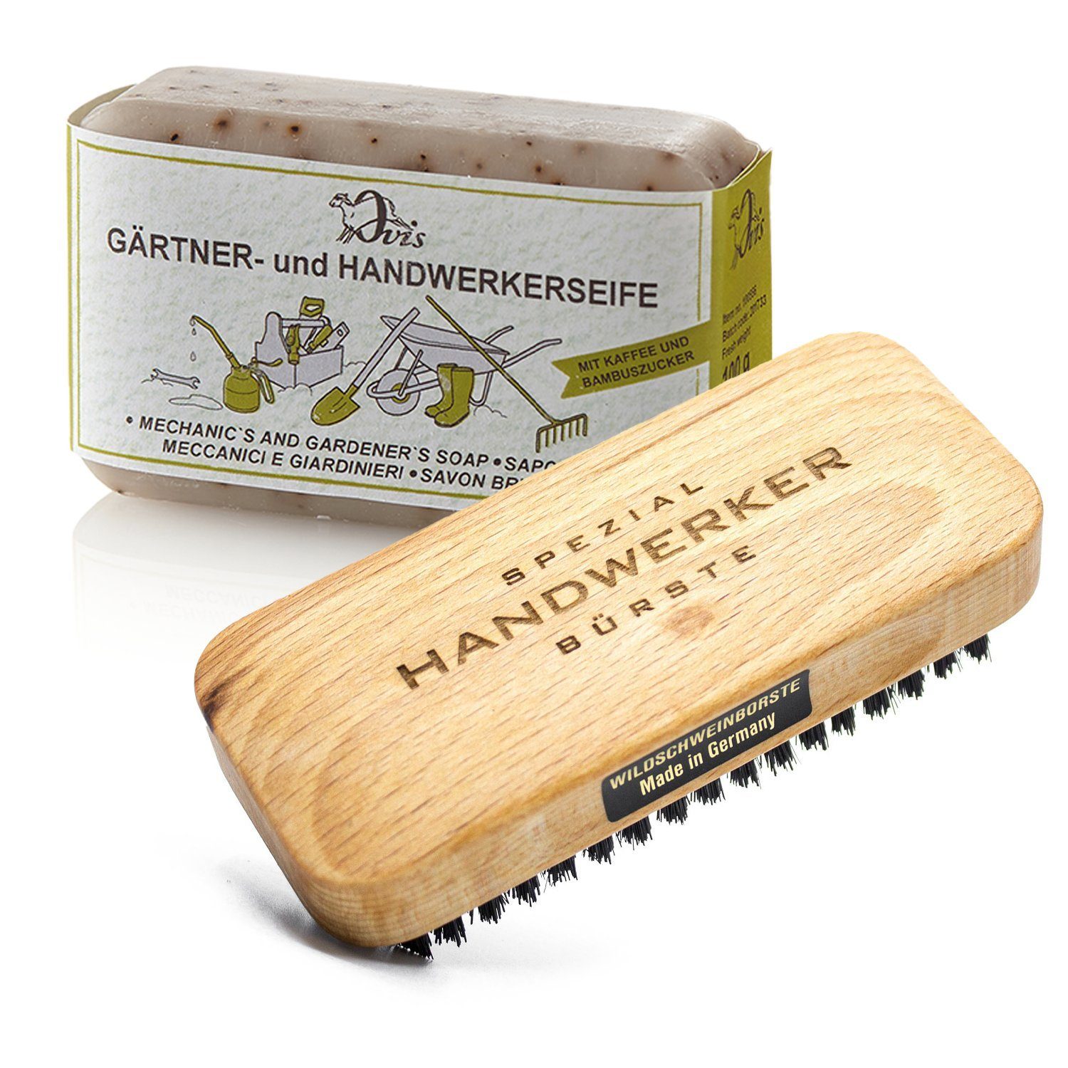 Landshop24 Nagelbürste Gärtnerseife - Handwerkerseife + Handwerkerbürste schwarze Borste, Spar-Set, 2-tlg., Handwerkerset, straffe Wildschweinborste