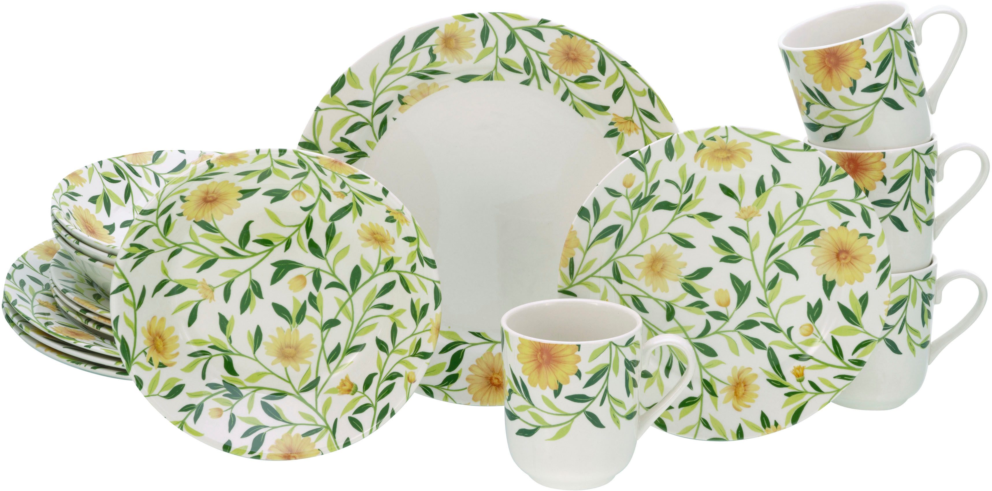 CreaTable Kombiservice Amarilla, Kombi-Service 16-tlg (16-tlg), 4 Personen, Steingut, Blumendekor, Blättermotiv
