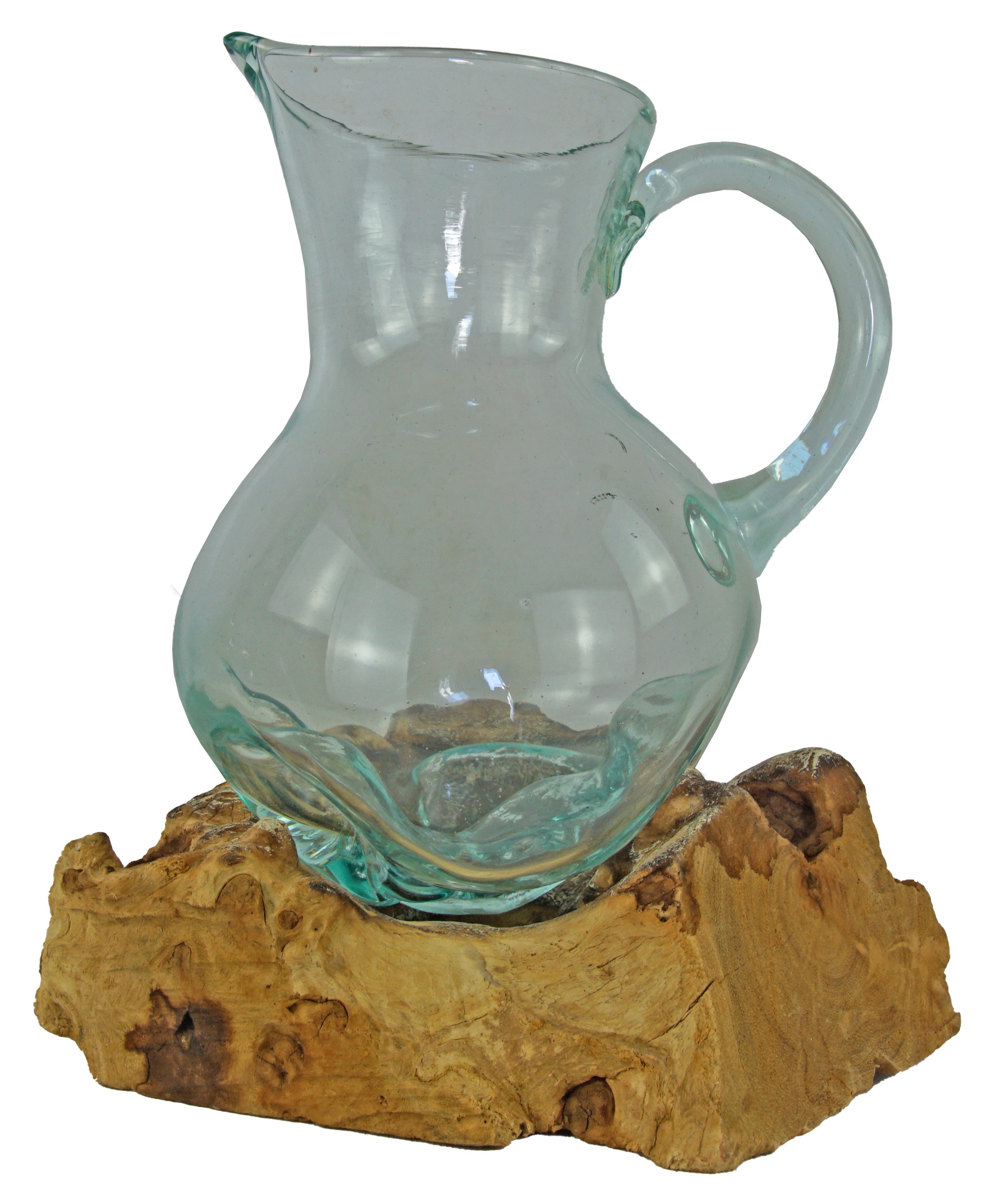 Eurosouvenir Kanne Exklusive Glaskanne auf Naturholz – Jedes Stück ein Unikat, (Set, 1 Glaskanne, 1 Wurzel), Jede Ausführung ein Unikat aus Glas und Naturholz