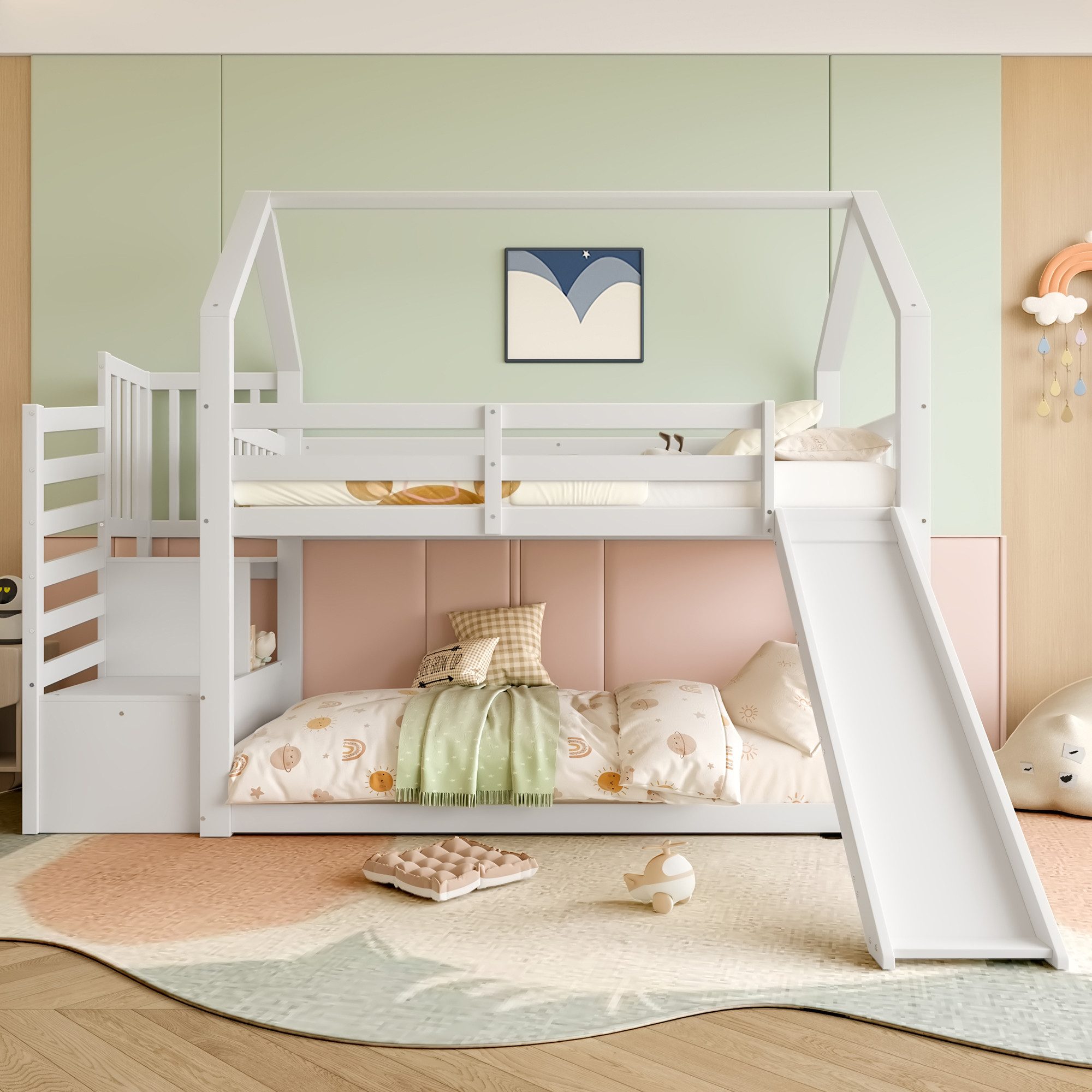 Kinderbett Etagenbett mit Stauraumtreppe und Rutsche, Hausbett, Geländer