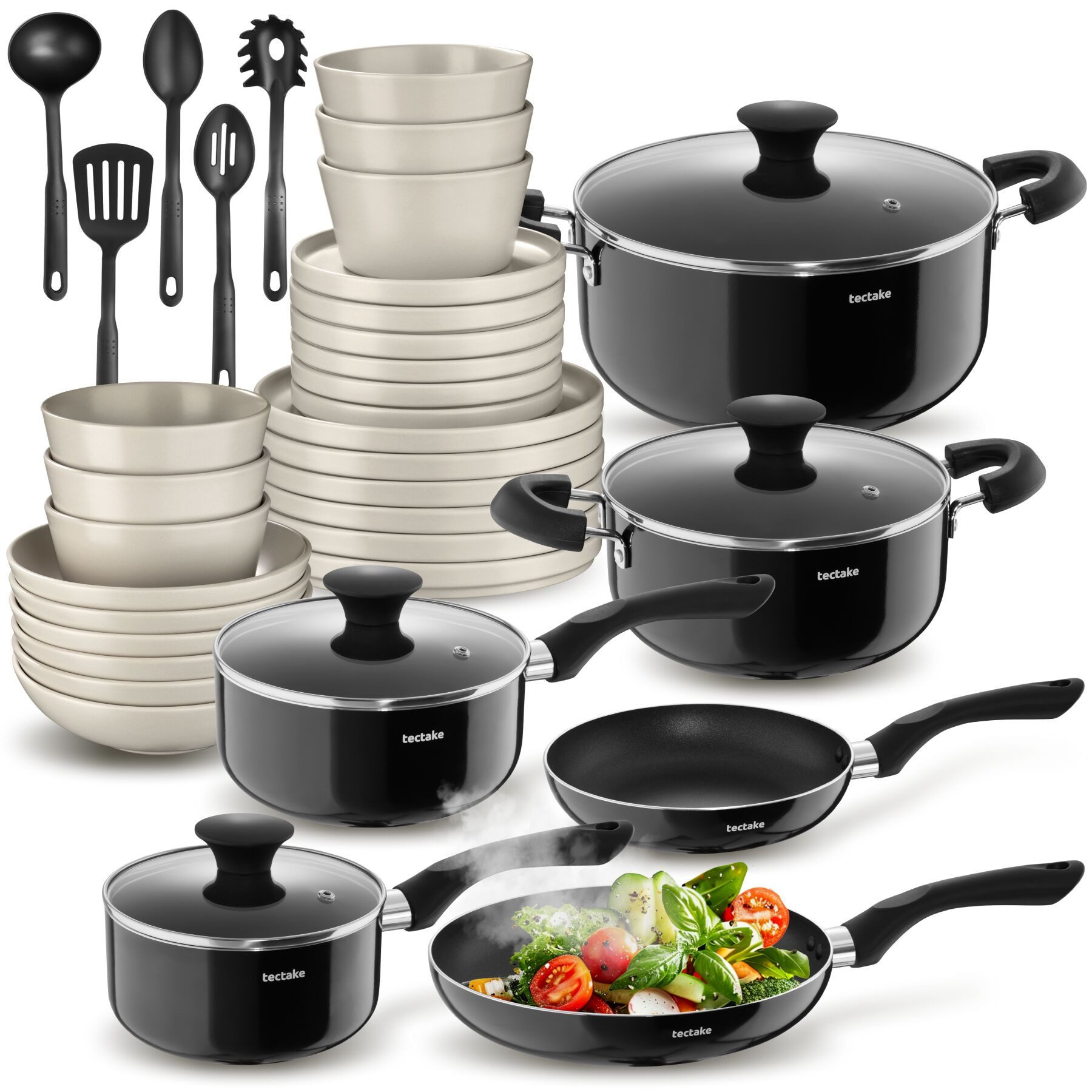 tectake Kochbesteck-Set Küchenset mit Steingut-Geschirr, Aluminium-Töpfen und Pfannen (Una/Varese - für Induktionsherde geeignet, 39-tlg., in Schwarz/taupe), Inkl. Küchenwerkzeuge, hitzebeständig, kratzfest, leichte Reinigung