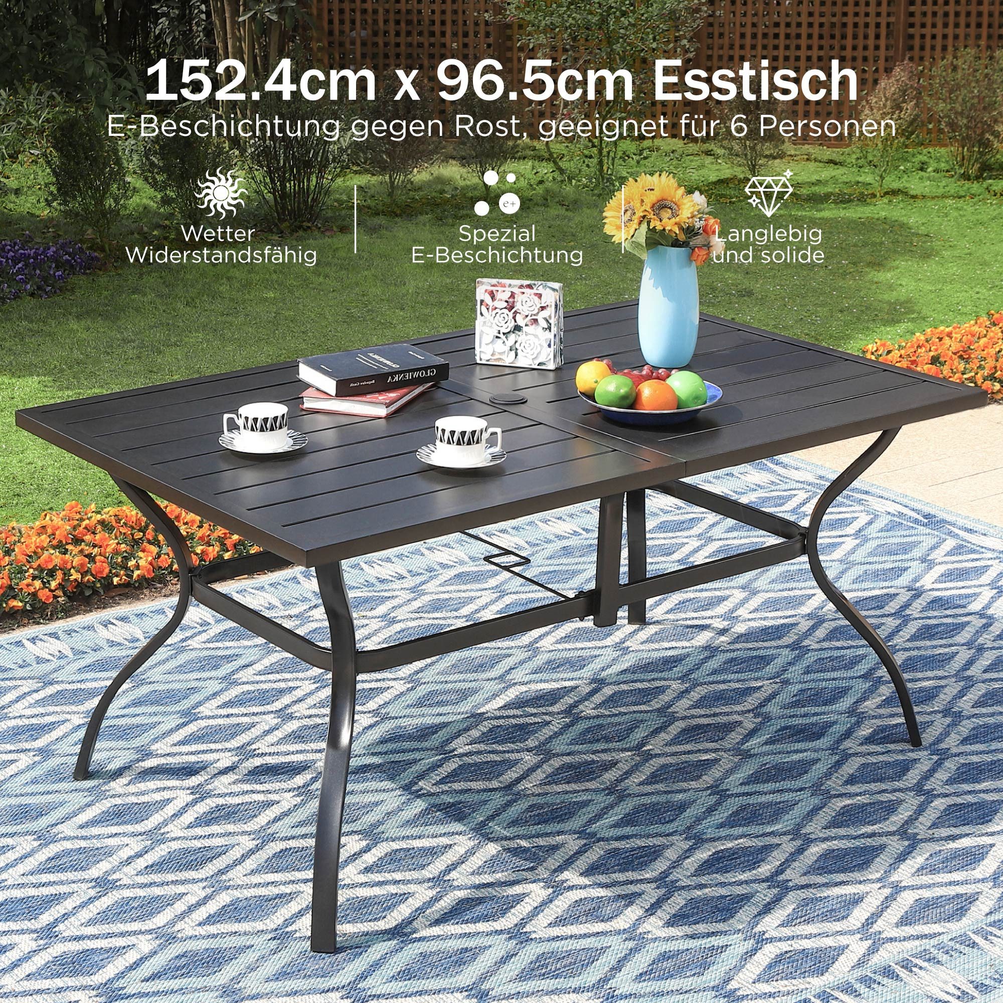 PHI VILLA Gartentisch (Outdoor Garten Esstisch Wetterfest, 1 outdoor esstische), Outdoor Terrasse Tisch für 6 Personen 152 * 97cm – Bild 5 von 5