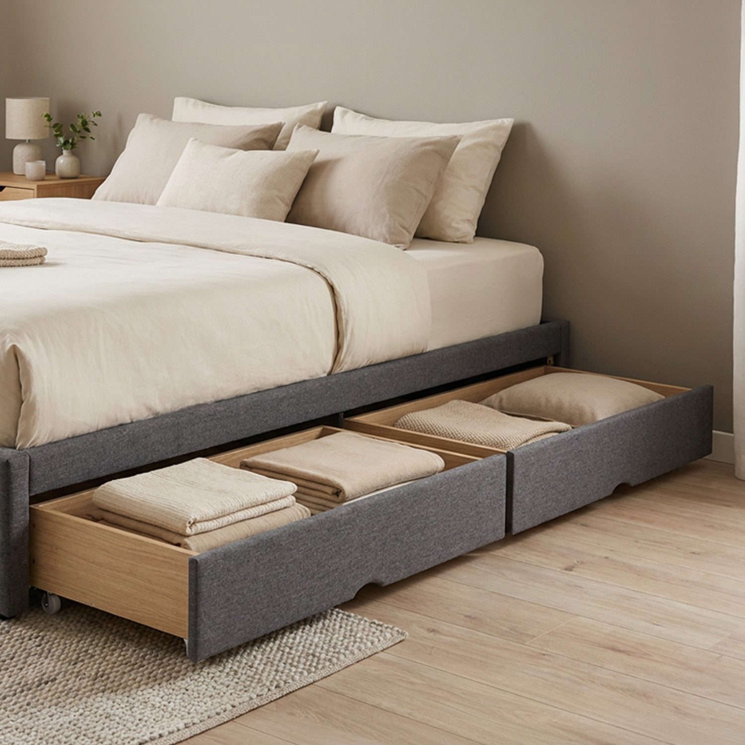 Homestyle4u Bettschubkasten 2x Bettkasten 95x20x41,5 Stoff Aufbewahrung Schublade Grau auf Rollen (Set, 2er 2x Bettkasten)