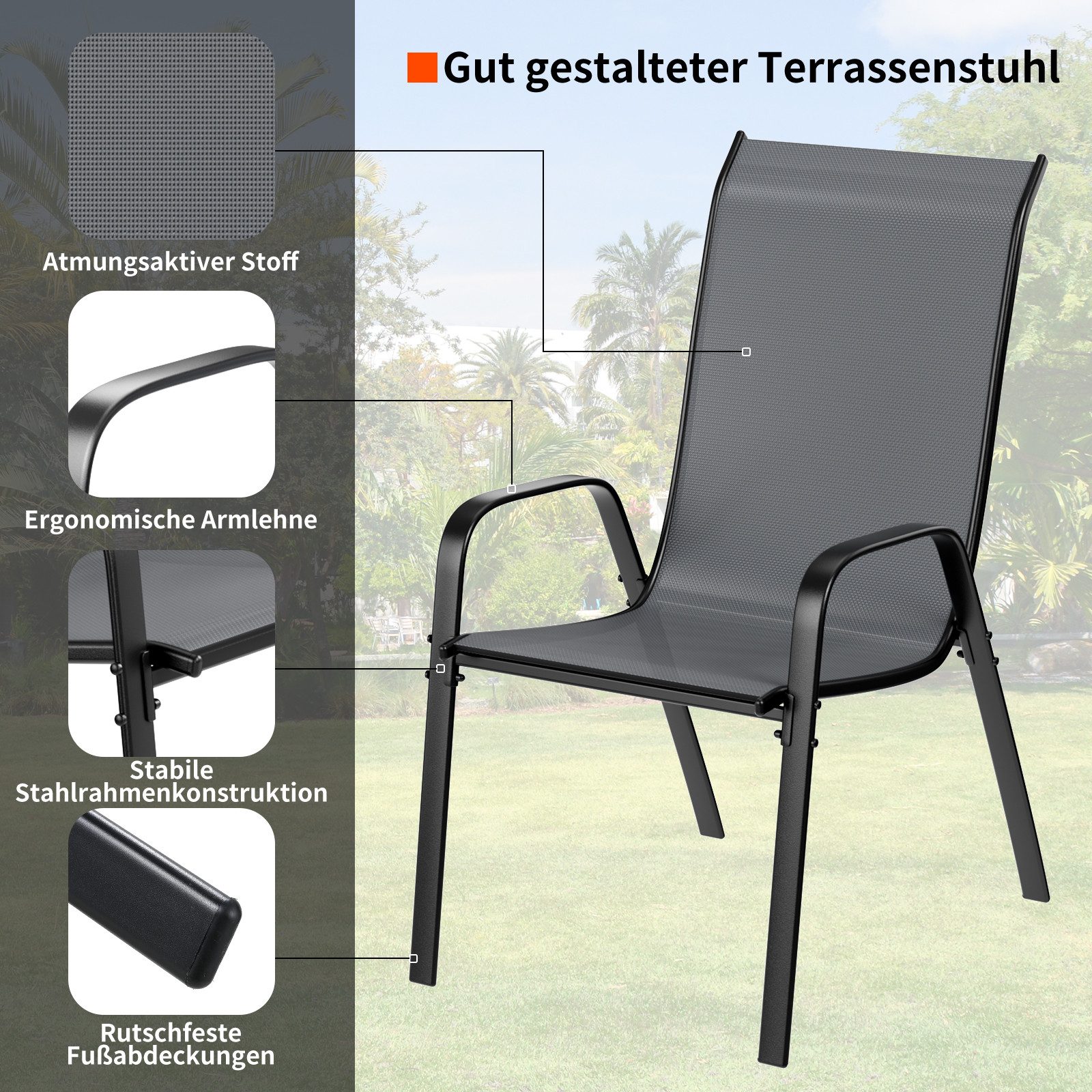 TLGREEN Stapelstuhl Gartenstühle Stapelstuhl,Camping Stapelbar Hochlehner, (Terrassenstuhl Textilene Stahlgestell für Gärten Innenhöfe Balkone Restaurants, 6 St – Bild 3 von 5