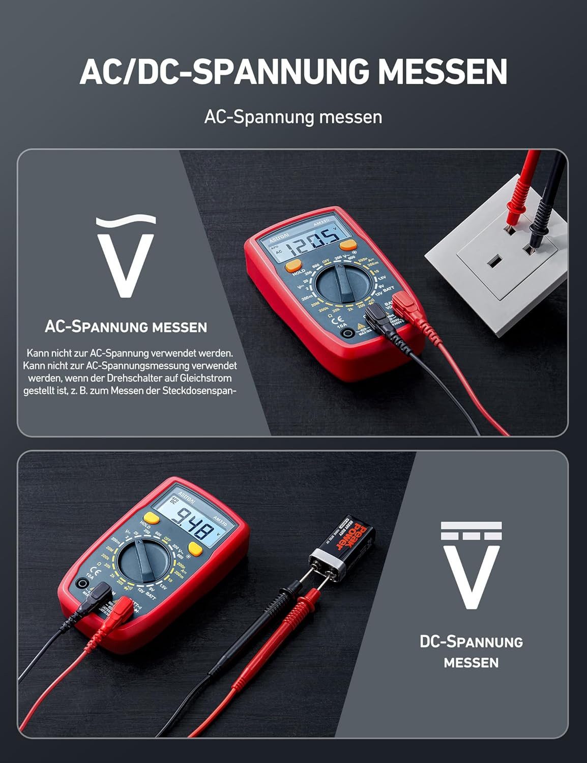 AstroAI Multimeter Digital Multimeter mit Ohm Volt Ampere Spannung Tester Messung