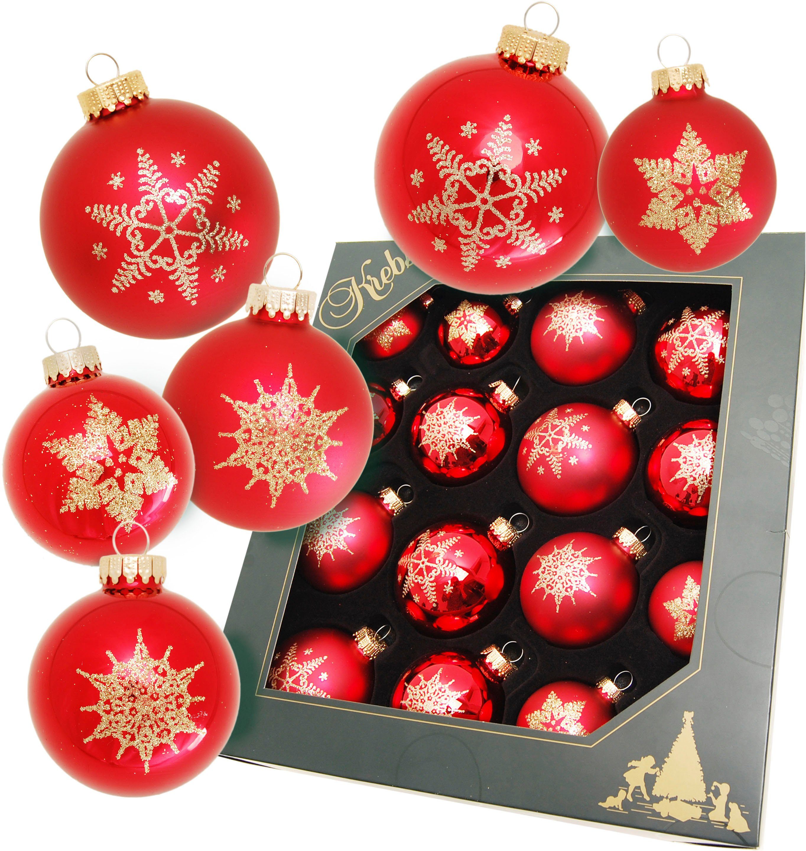 Schneeflocke Lauscha aus rot (16 Weihnachtsbaumkugel Glas St), Glas Christbaumschmuck, Christbaumkugeln Krebs Weihnachtsdeko,