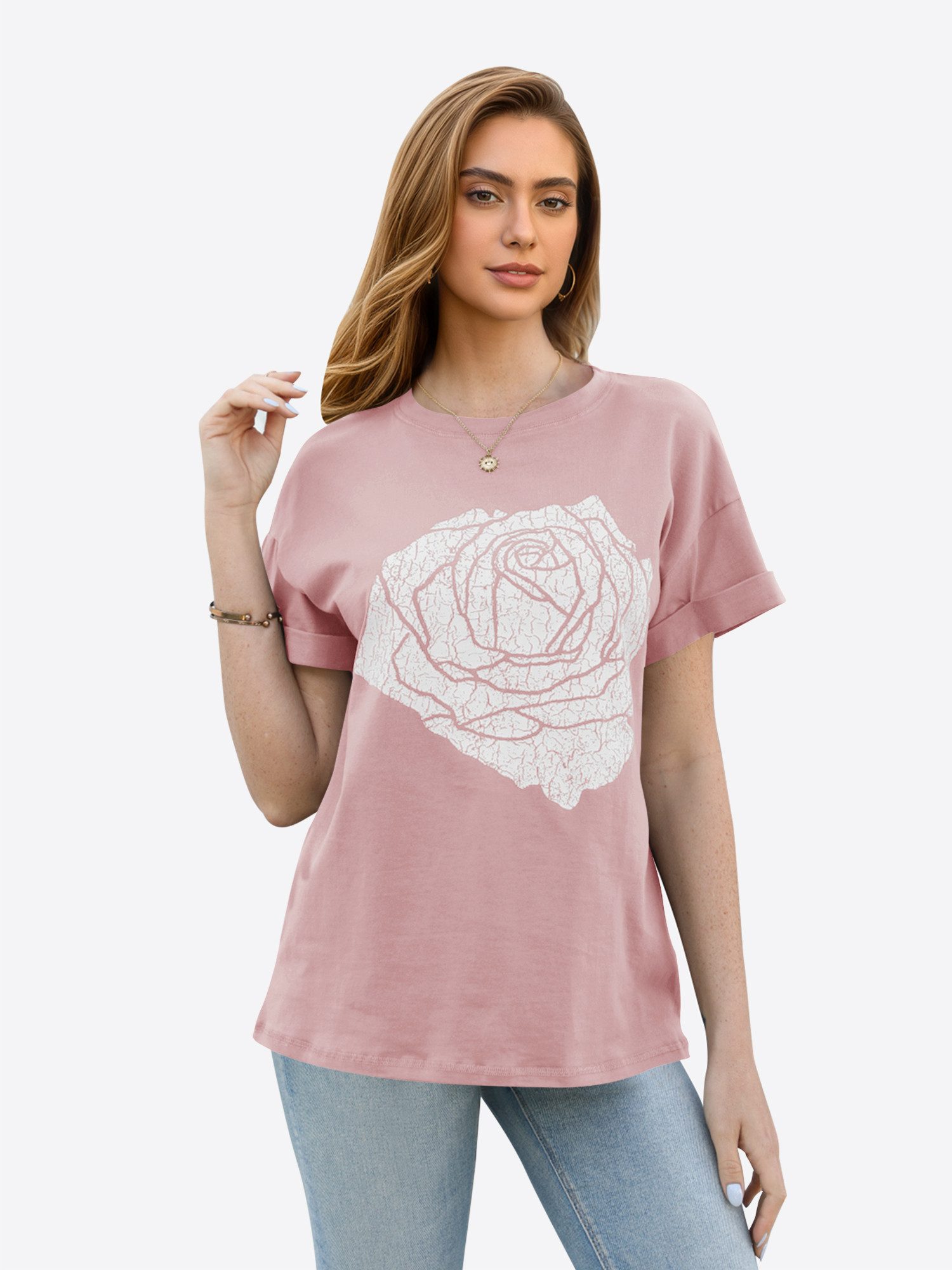 Imily Bela Print-Shirt Damen mit Rose-Print gerollten Kurzärmeln und Rundhalsausschnitt (Packung, 1-tlg., 1per-Pack) Druck