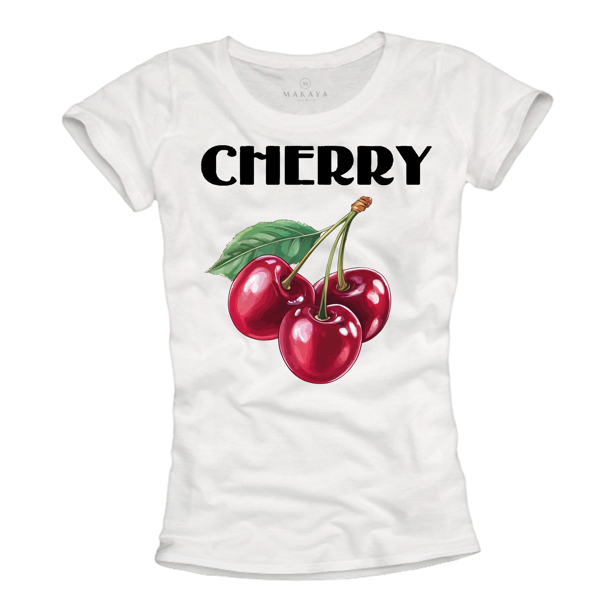 MAKAYA Kurzarmshirt Damen Baumwolle Kirschen Motiv günstig online kaufen
