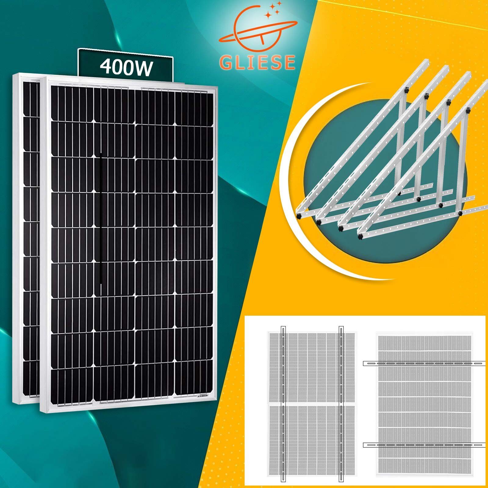 GLIESE Solarmodul 400W 18V Solarmodul Monokristallin Solarpanel Photovoltaik Set, 200,00 W, Monokristallin, (Set, 2 Stücken Solarmodul, 2 Paar Halterung), IP65 Wasserdichte