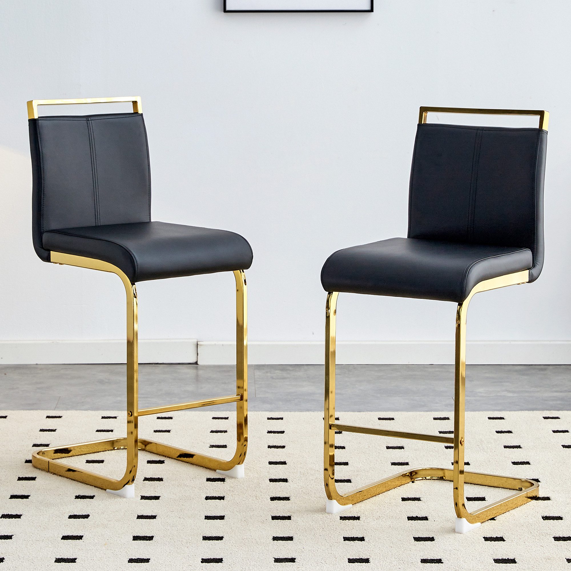 Esszimmerstuhl 2-Set Barhocker mit goldfarbenen Metallbeinen aus schwarzem Kunstleder