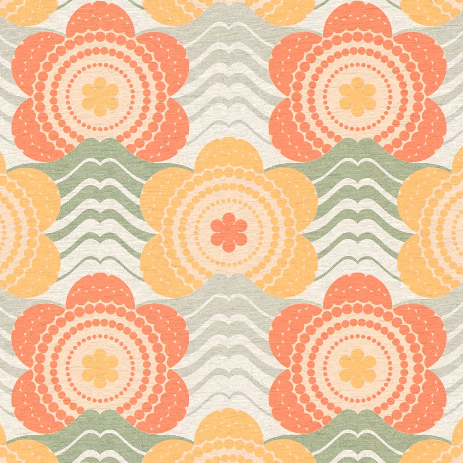 Profhome Vliestapete 395394-GU Retro Tapete Blumen matt orange moos-grau oliv-grün, geprägt, (1 Rolle, 4,51 qm), heißgeprägte Vliestapete, orange