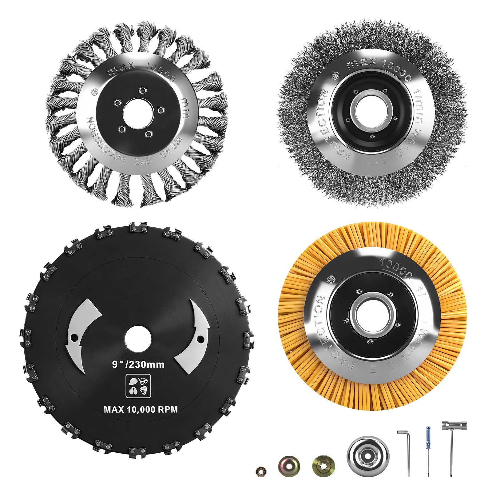 XERSEK Akku-Rasentrimmer Elektro-Grastrimmer mit Bürstenloser Motor, 14800U/min 980W Motorsense, Rasentrimmer Zubehör (3x Ø150mm Unkrautbürste + Ø230mm Kreissägeblatt)