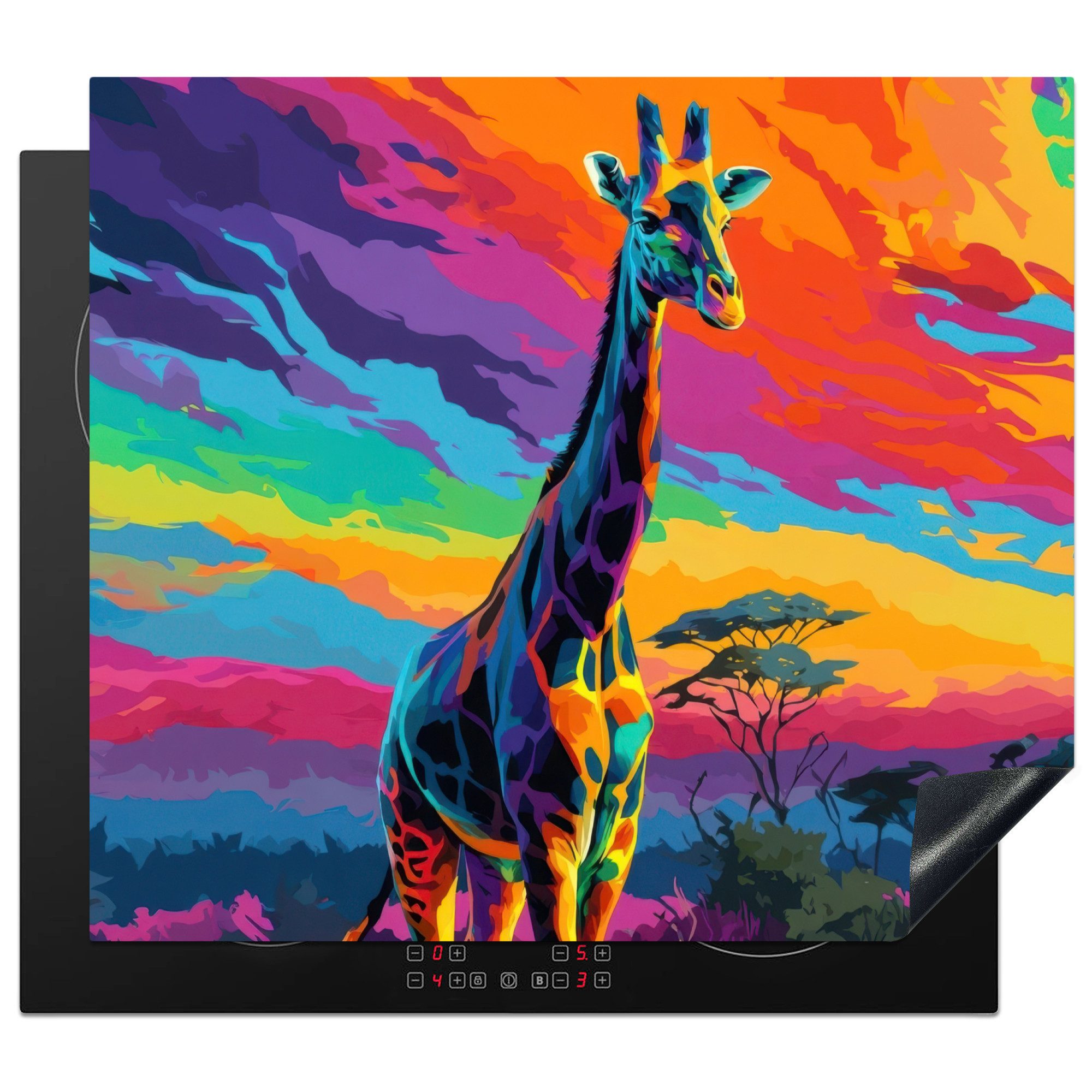 MuchoWow Herd-Abdeckplatte Giraffe - Savanne - Luft - farbig, Vinyl, (1 tlg), Cerankochfeld Abdeckung, Herd Abdeckplatten Vinyl, 58.3x51.3 cm