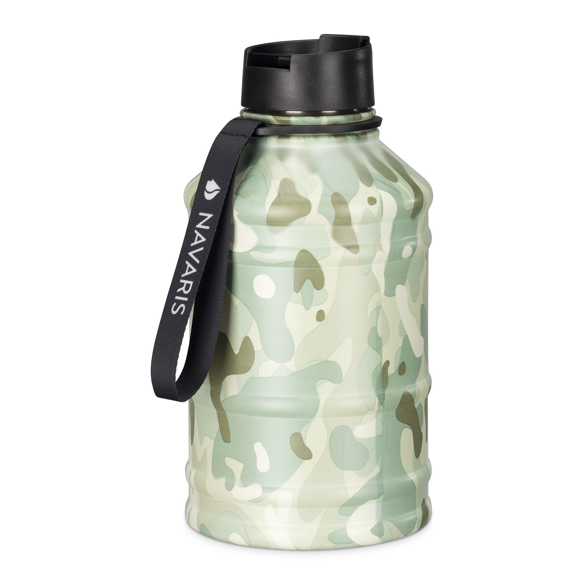 Navaris Trinkflasche XXL Trinkflasche 2,2l aus Edelstahl, Camouflage-Design Grün matt