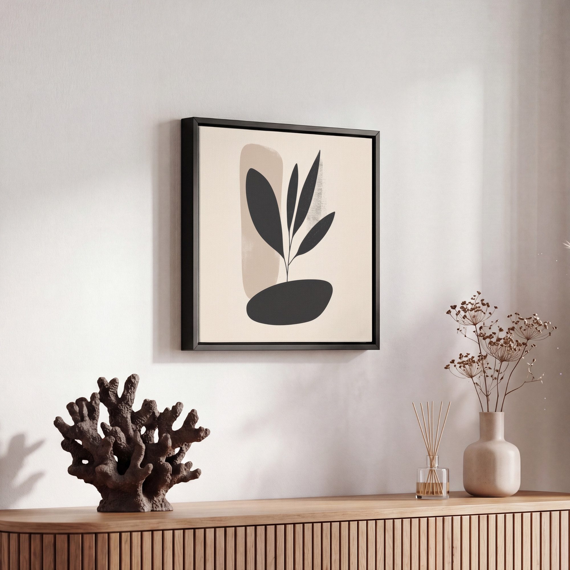 OneMillionCanvasses® Leinwandbild mit Rahmen - Pflanze - Beige - Japanisch, Fotodruck (1 St), Leinwand Bilder Klein, Wand Dekoration Aesthetic 20x20cm – Bild 5 von 5
