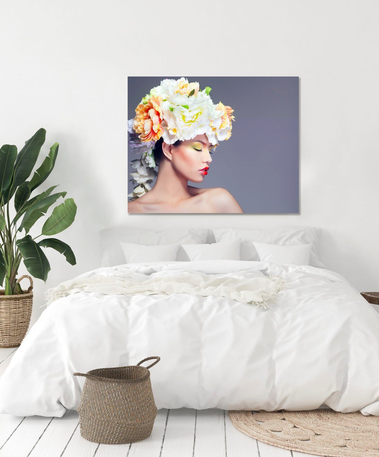 queence Acrylglasbild Frau mit Blumenhut, Bilder von Frauen, Blumen, Fashion, Frau, Kunst, Fine Art-Print in Galeriequalität