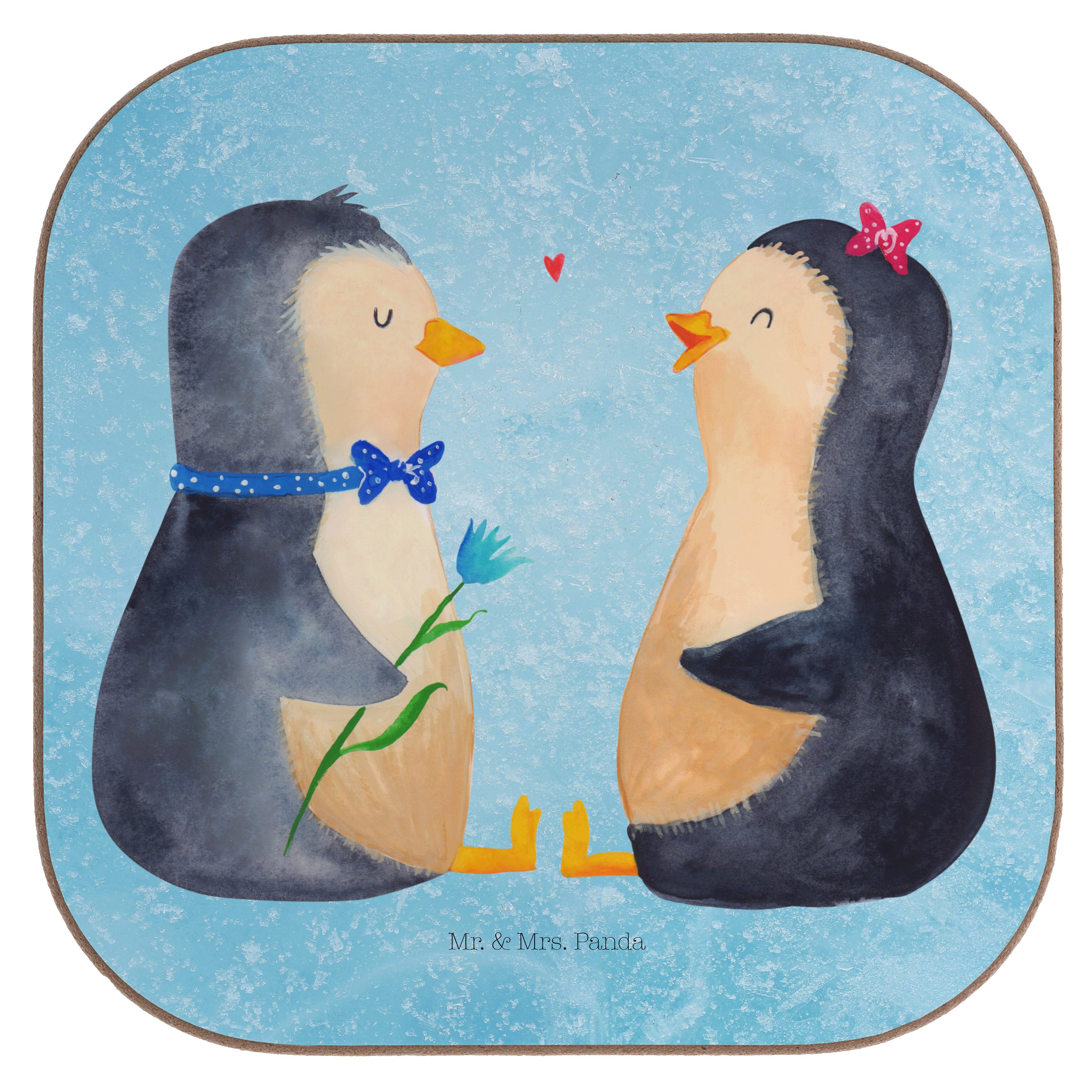 Mr. & Mrs. Panda Getränkeuntersetzer Pinguin Pärchen - Eisblau - Geschenk, Getränkeuntersetzer, Untersetze, 1-tlg.