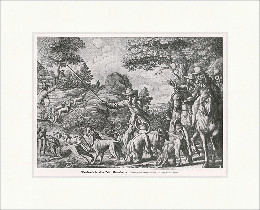 Kunstdruck Weidwerk in alter Zeit: Hasenhetze Jäger Hunde Jagen Pferde F_Vintage