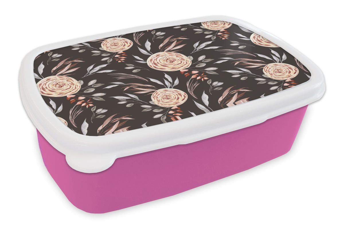 MuchoWow Lunchbox Rosen - Natur - Braun, Kunststoff, (2-tlg), Brotbox für Erwachsene, Brotdose Kinder, Snackbox, Mädchen, Kunststoff rosa