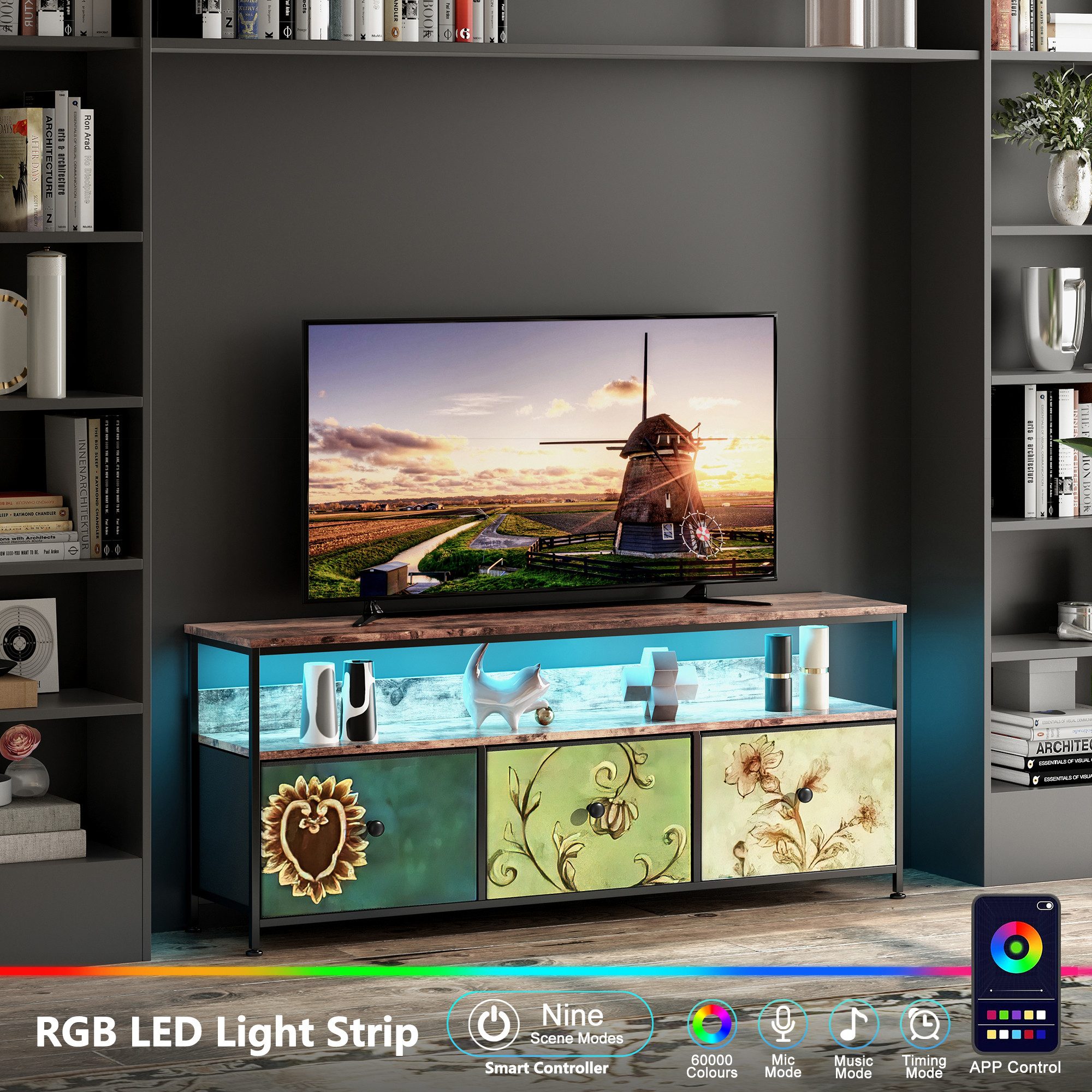 Simurq TV-Schrank mit LED & Stoffboxen Lowboard 108-137cm im Tiger-Look
