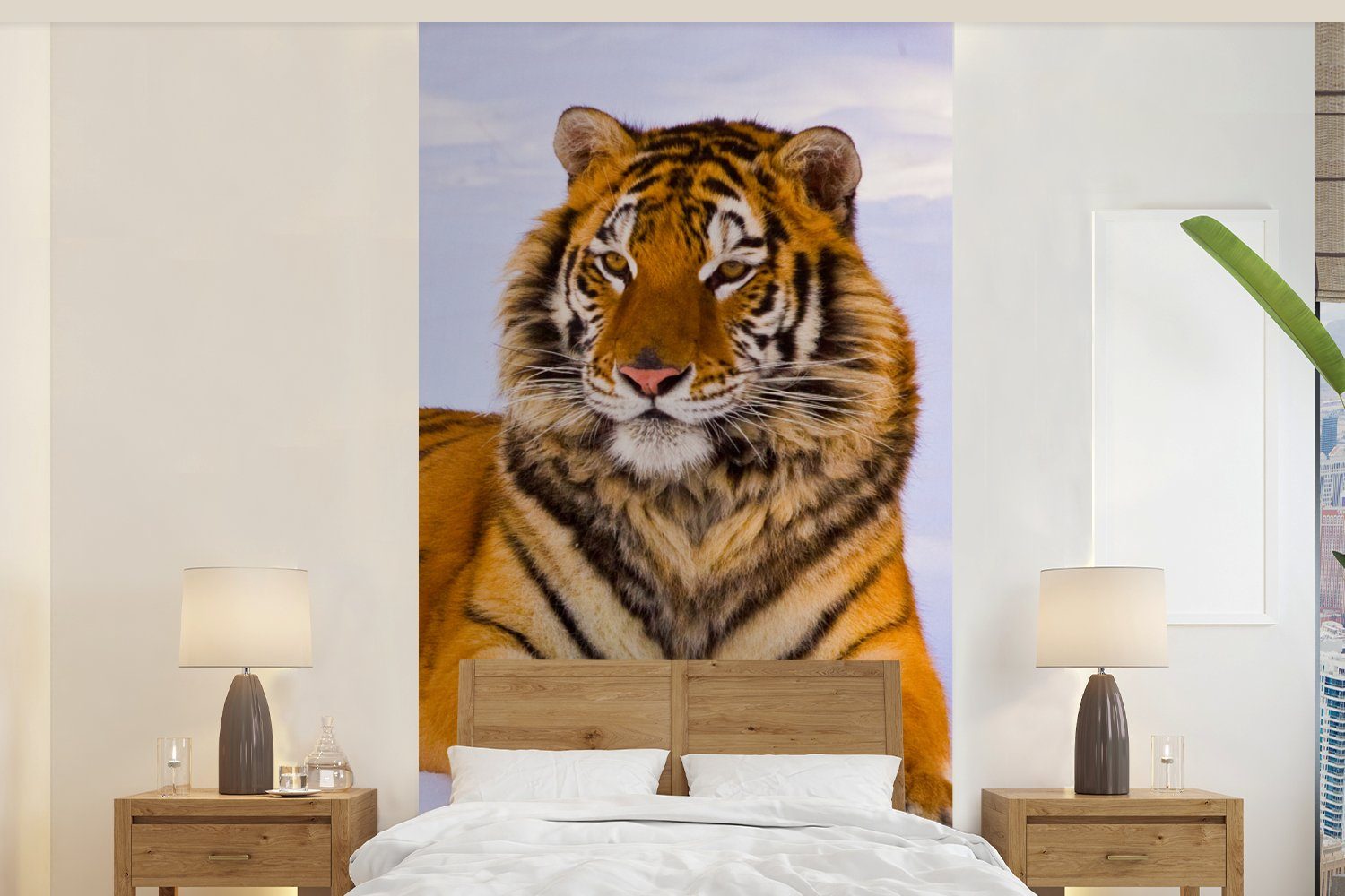 MuchoWow Fototapete Tiger - Schnee Wohnzimmer Winter bedruckt, für Schlafzimmer - (2 Fototapete Vliestapete - Küche, Matt, St), Tiere