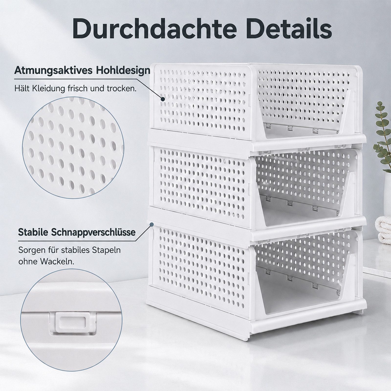 BlingBin Aufbewahrungskorb 3er Set Aufbewahrungskörbe stapelbare, Schrank Organizer (ordnungssystem, 3 St., 3tlg), ausziehbar Aufbewahrungsbox, für Bad Küche Schlafzimmer, Weiß