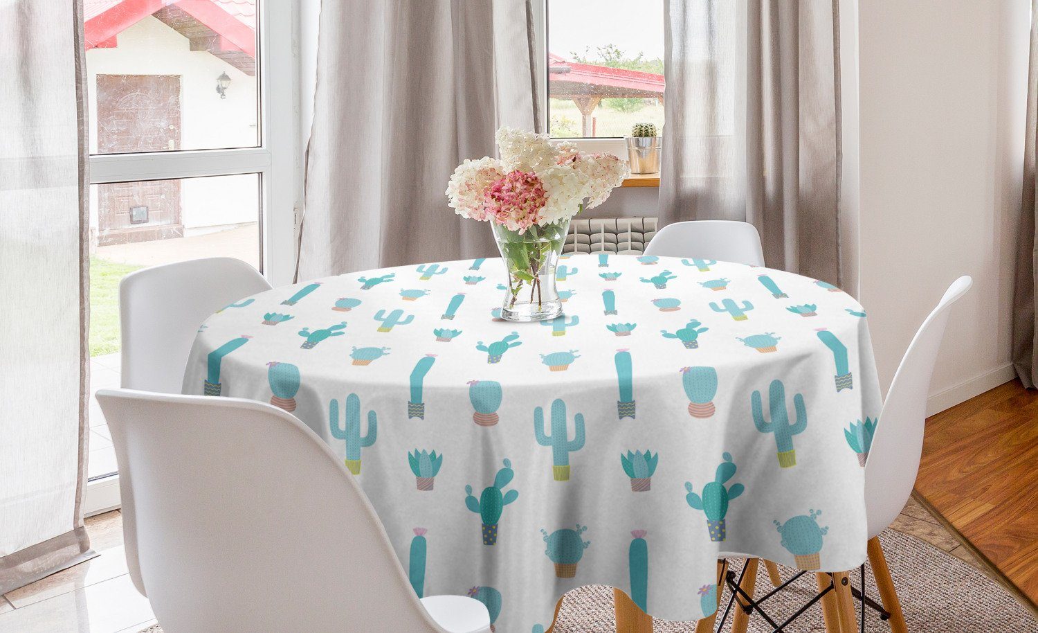 Abakuhaus Tischdecke Kreis Esszimmer Küche Leben Tischdecke Pflanzen Dekoration, für Turquoise Abdeckung Cactus Hues