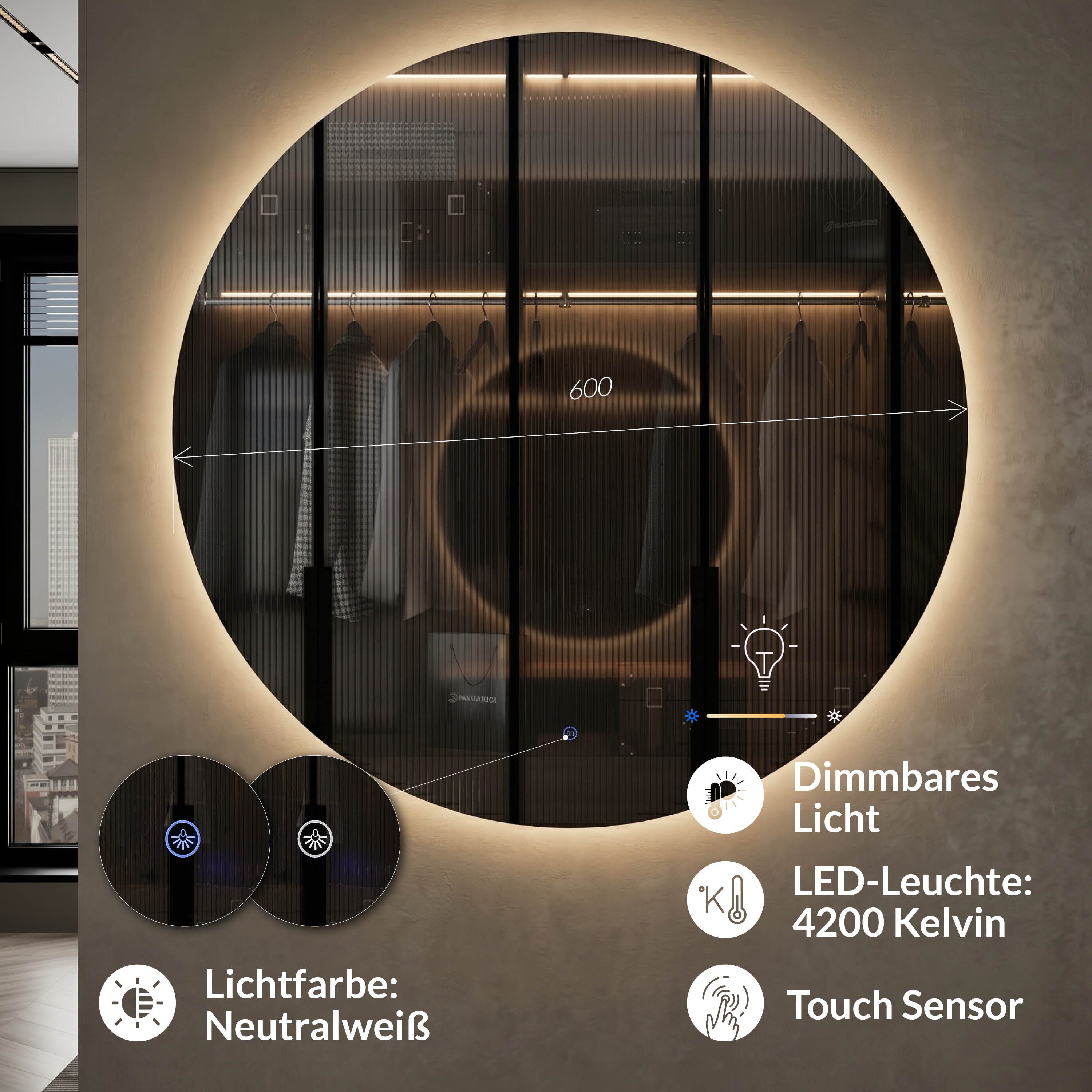 Planetmöbel Dekospiegel NOVA Spiegel mit Beleuchtung 60 - 80 cm (Dekorativer Wandspiegel ohne Rahmen 60 cm, Spiegel mit LED-Licht), Touch-Funktion, Dimmbar 4200 – Bild 4 von 5