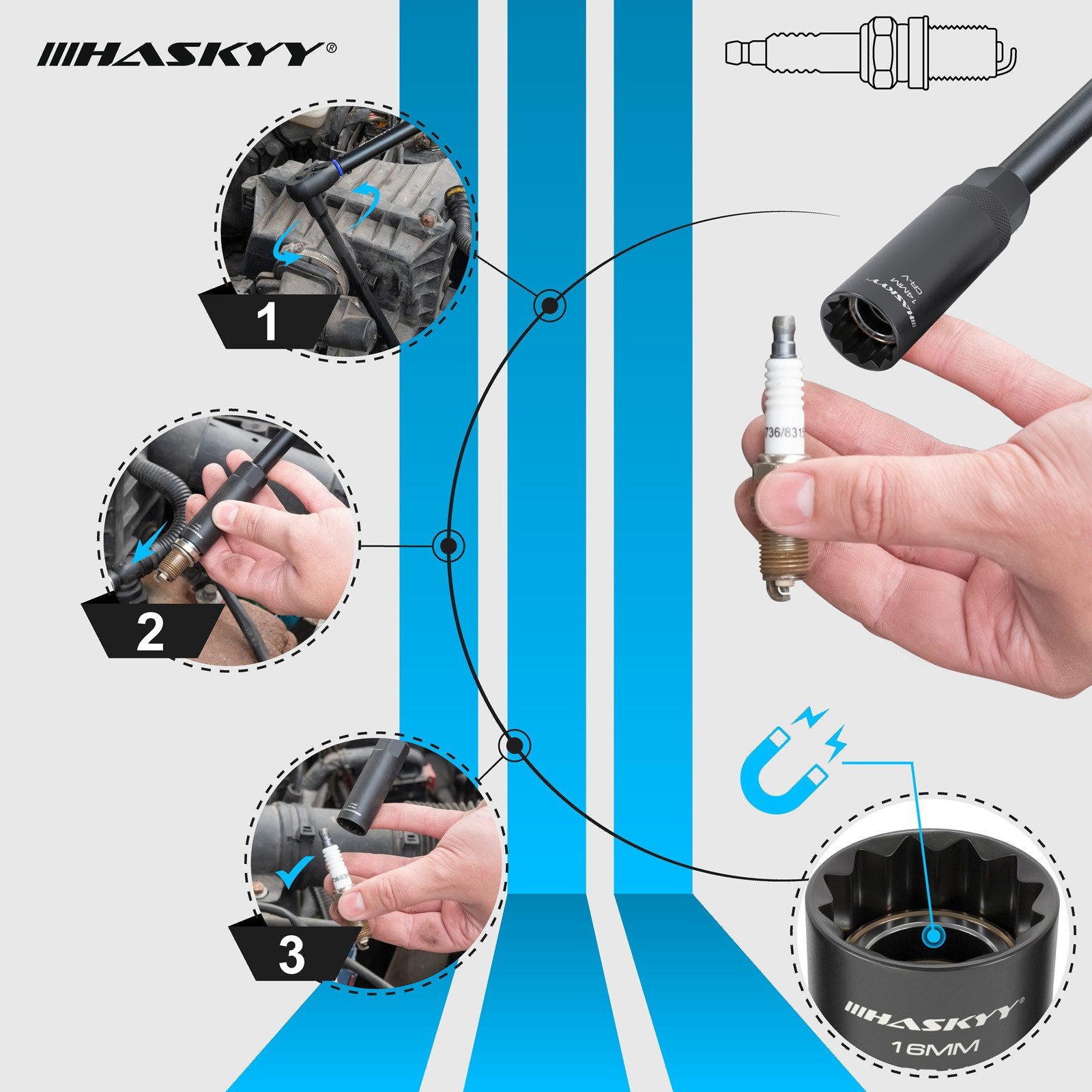 HASKYY Zündkerzennuss Zündkerzenschlüssel Magnetisch Kerzenschlüssel 3/8" 14 16 18 mm Zwölfk – Bild 5 von 5
