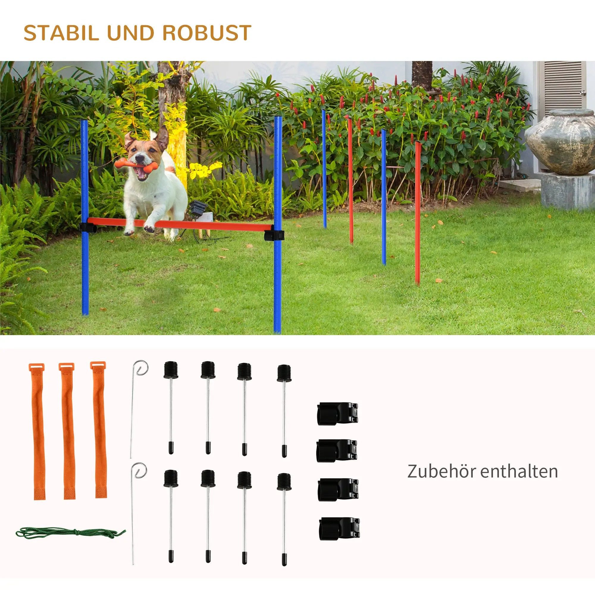 BlingBin Agility-Hürde Hunde-Agility-Trainingsgeräte, Agility-Übungs-Set, Hund Agility Set, PE, Zubehör: 8 x Erdnägel, 1 x Seil, 2 x Seilerdnägel (1-tlg) Slalom-Hürden-Sprungring für Hunde, 3 in 1 Hundesport Trainingsplatz