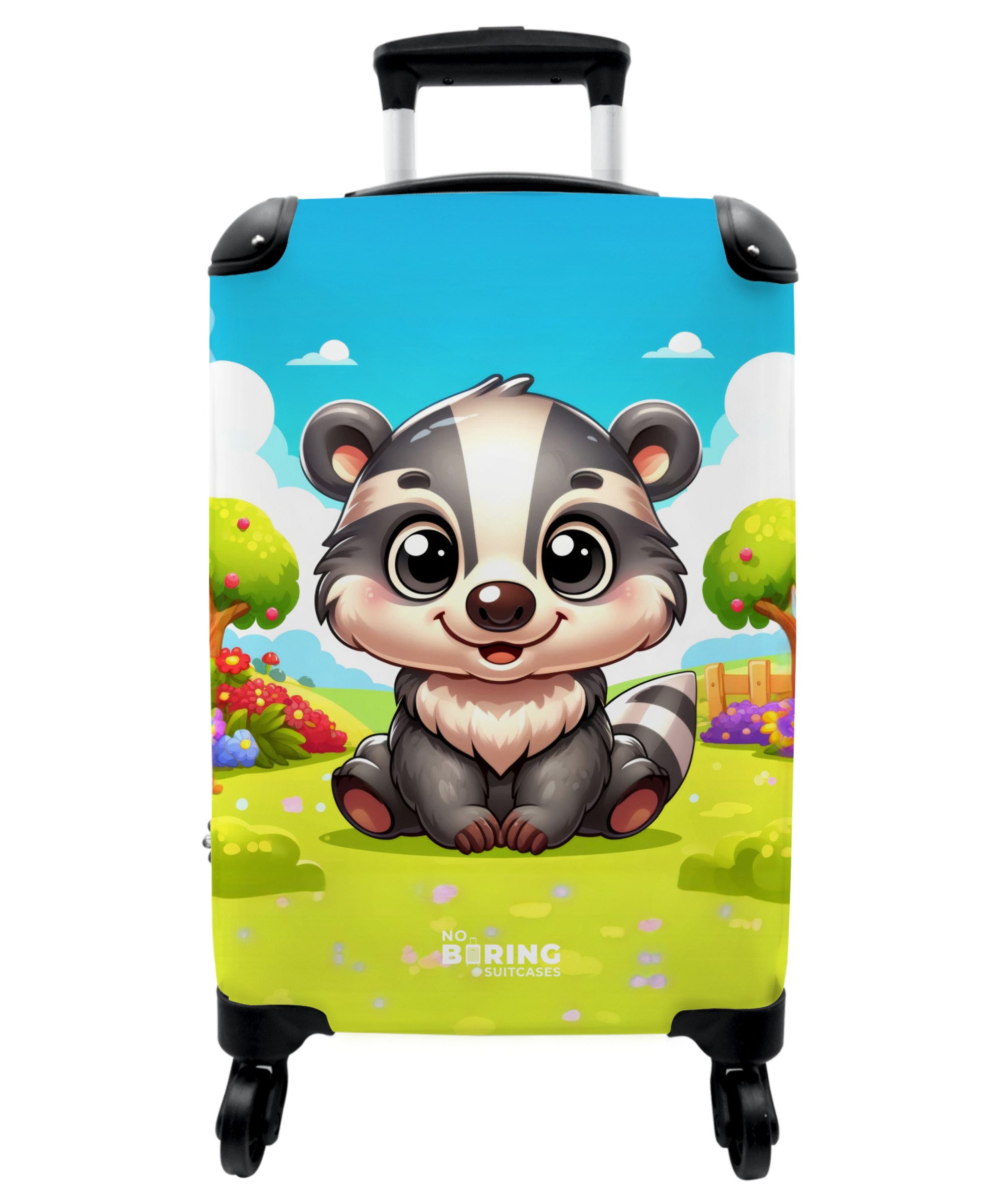 NoBoringSuitcases.com© Kinderkoffer Cartoon eines jungen Dachses in der Natur 55x35x20cm, 4 Rollen, Kinder Koffer Klein, Trolley Handgepäck