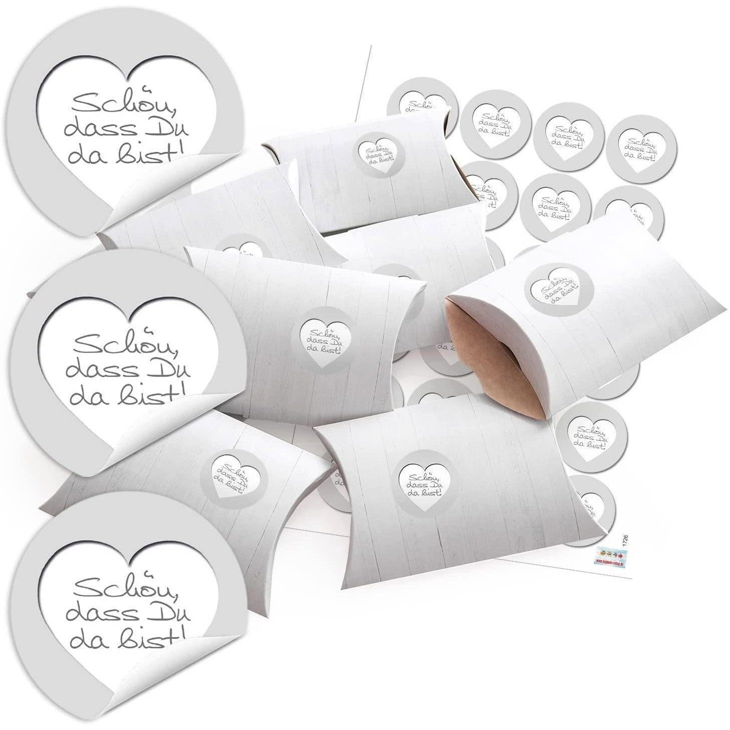Logbuch-Verlag Aufkleber 24 kleine Geschenkschachteln Geschenk-Boxen Karton Holz-Optik weiß