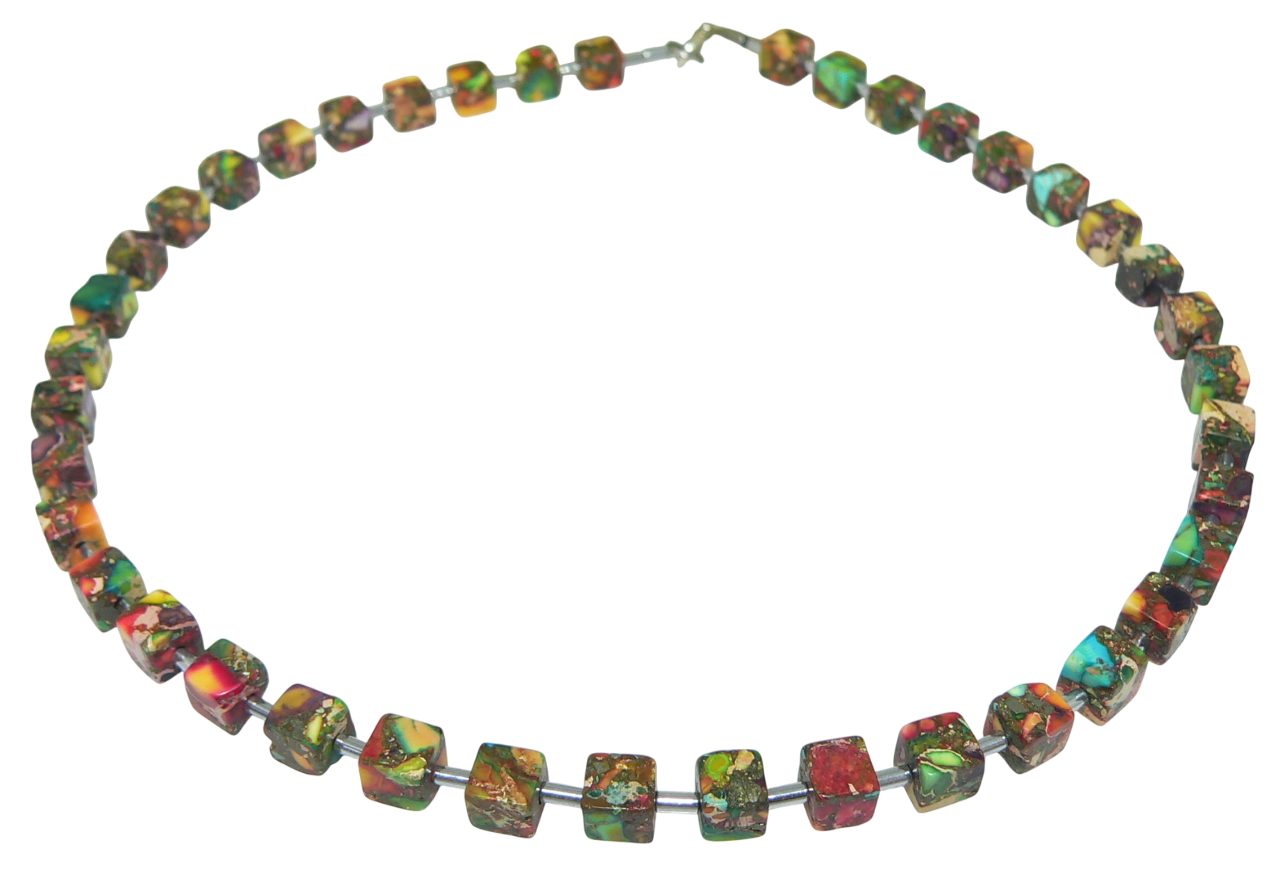 traumschmuck Collier 214v Halskette Würfel Schmuckstein Edelstein Picaso Jaspis mehrfarbig (Geschenke, Muttertag, Valentinstag, Weihnachten, Geburtstag, incl. Schmuckbox), handgefertigt, Made in Germany