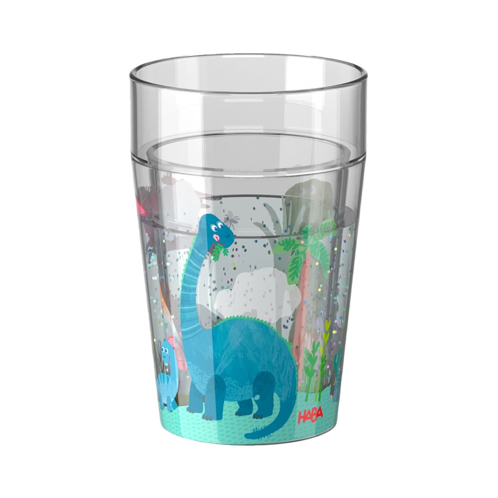 Haba Kinderbecher Glitzerbecher mit Schwimmelementen,Dino 1, transparent, Kunststoff, doppelwandig