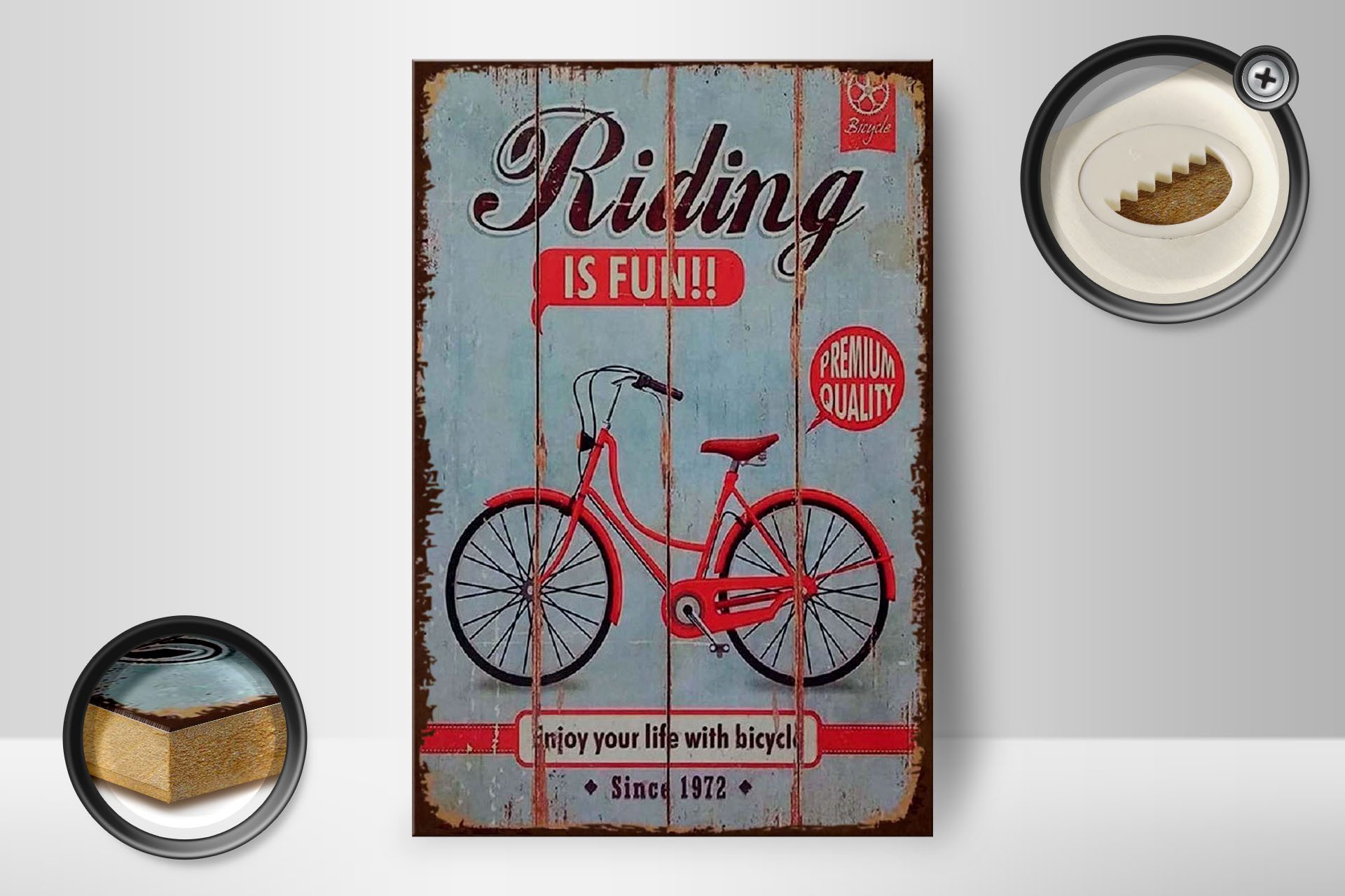 Femer GmbH Holzbild Fahrrad 12x18 cm riding is fun Enjoy your life with bicycle, (1 St), Glatte Holzfaserplatte (MDF), vorn beschichtet