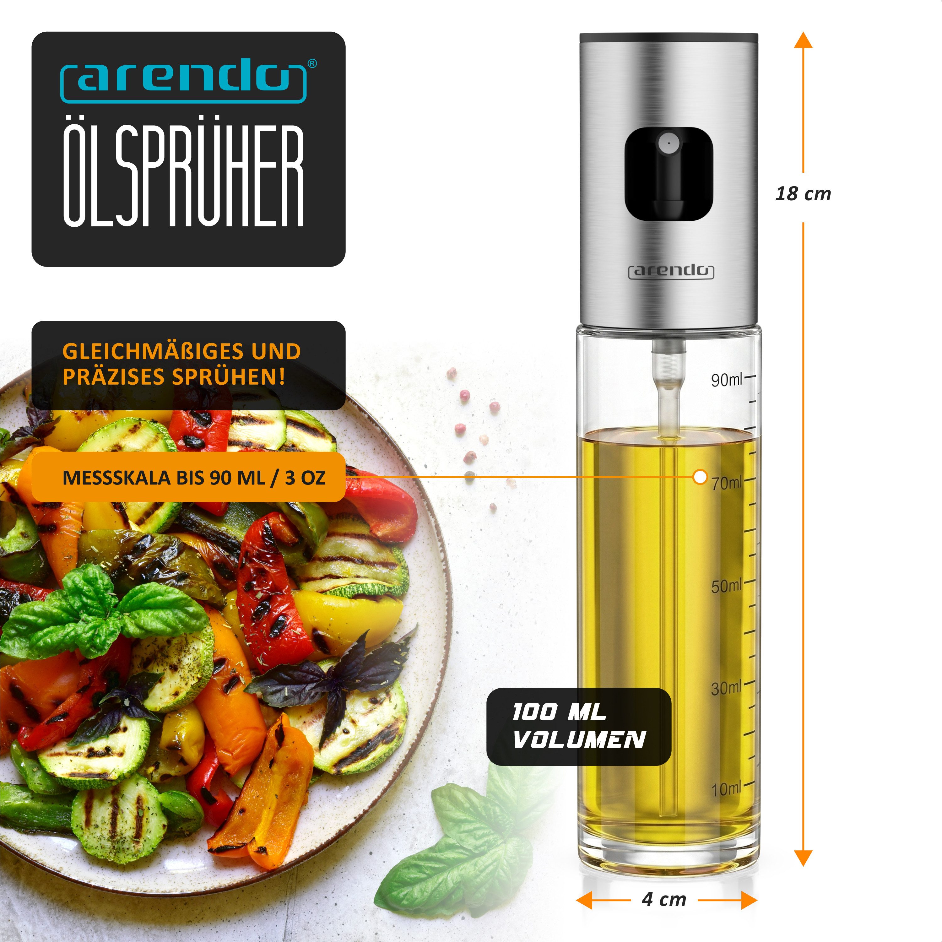 Arendo Ölspender Ölsprüher aus Glas, Skala 90 ml, rutschfester Sprühknopf, Glasflasche, (Set, 1-tlg., mit Silikonbürste, Reinigungsbürste und Trichter), für Salat Grillen Backen Kochen Heißluftfritteuse, BPA Frei