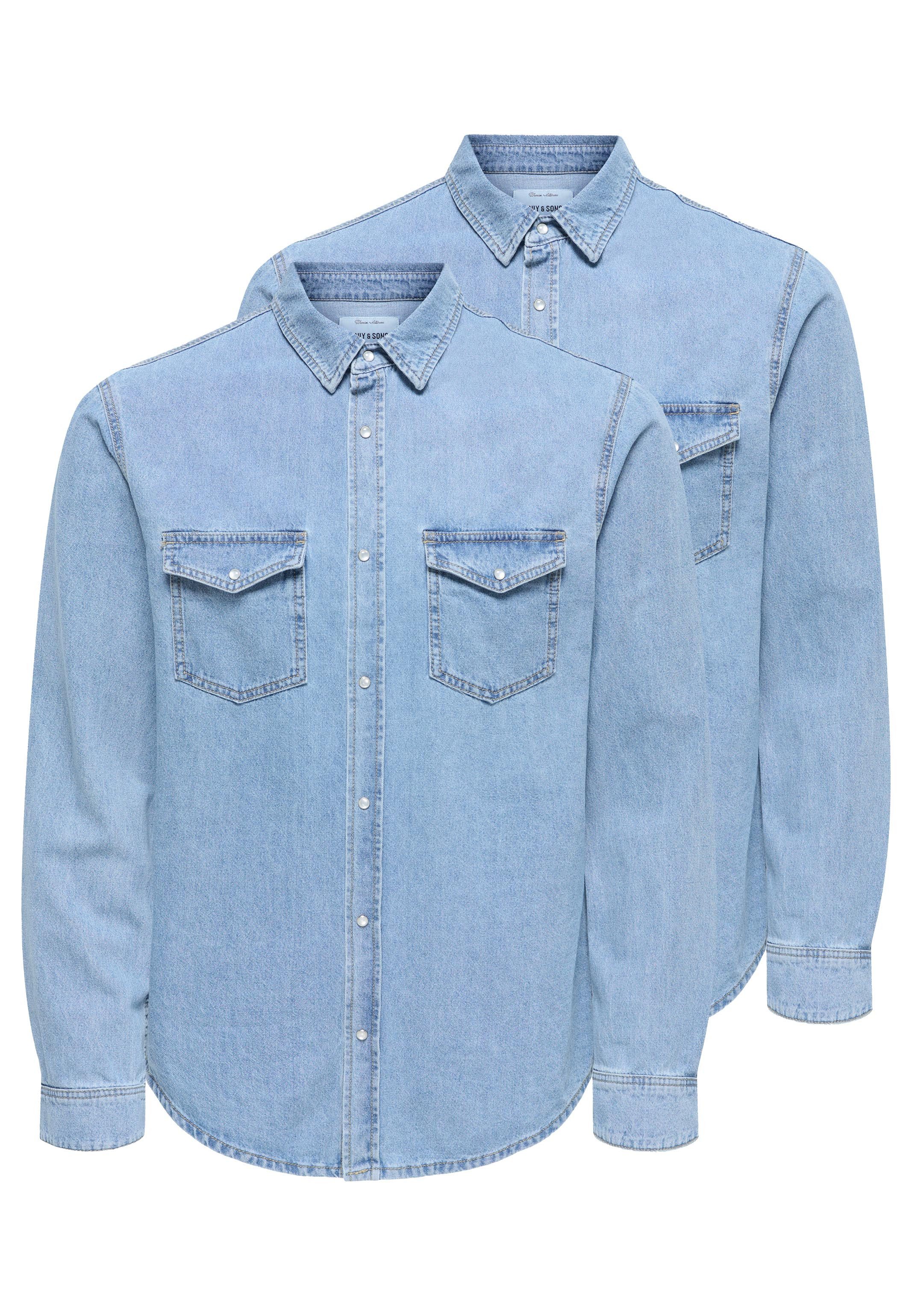 ONLY & SONS Jeanshemd 2er Pack Bane (Spar-Set, 2-tlg) Jeanshemd - Baumwolle - Blickdicht - Klassischer Denim Look