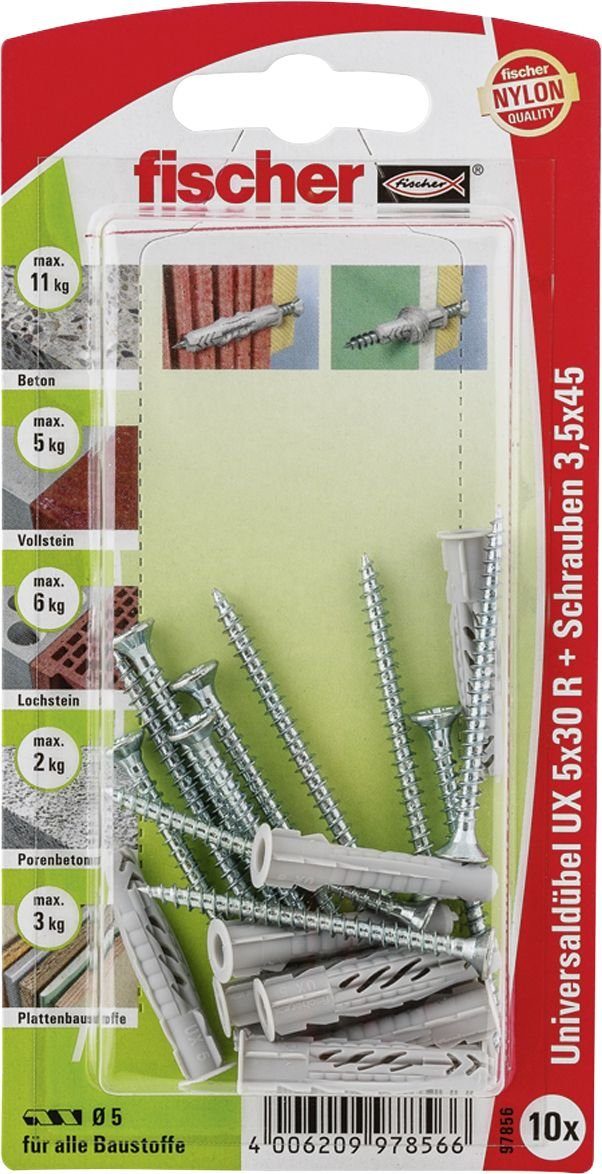 Fischer Befestigungstechnik fischer Schrauben- und Dübel-Set Fischer Universaldübel-Set UX 5.0 x 30 mm - 10