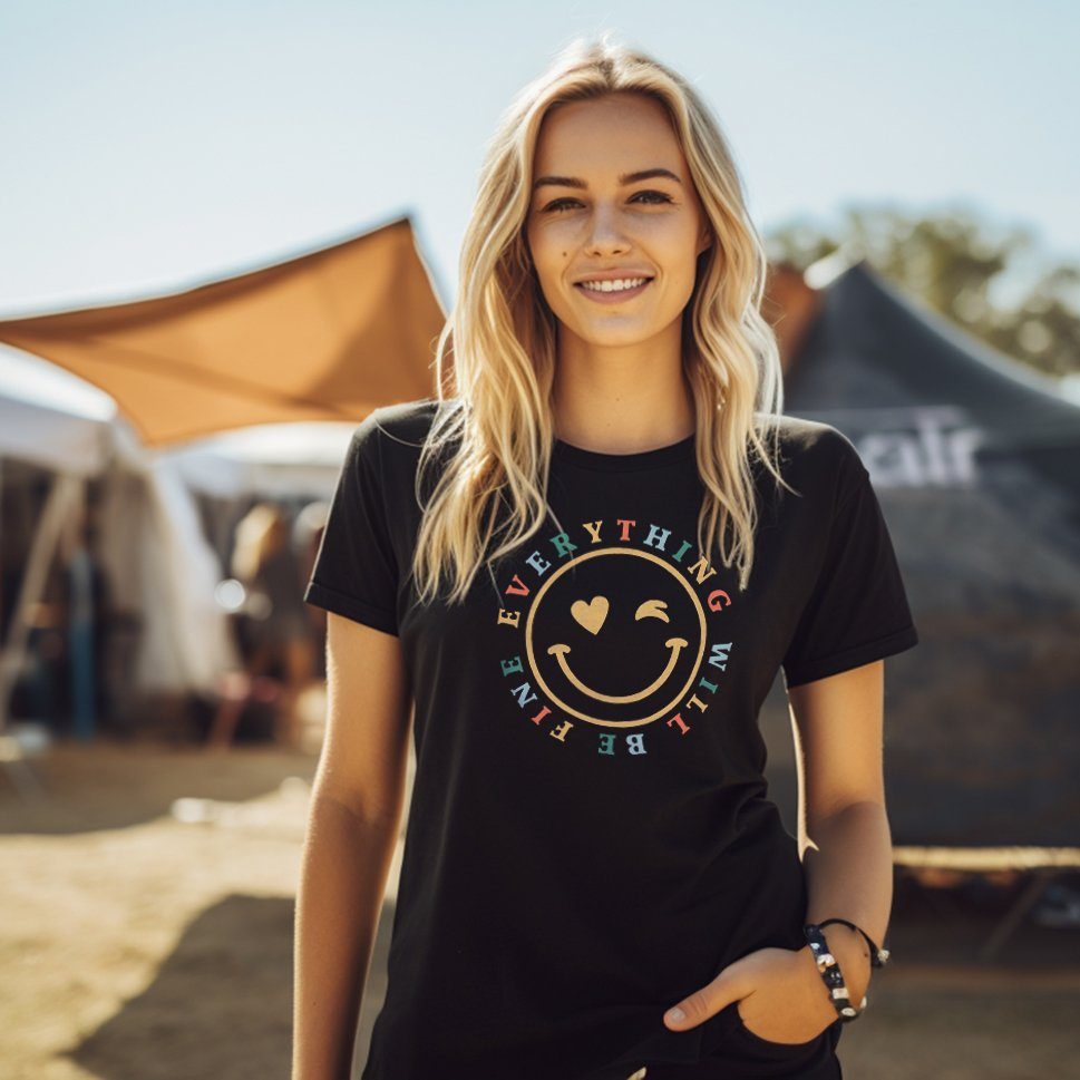 Kurzarmshirt, Woodstock Schwarz Print-Shirt Top Sprüch Text Happy Motiv Logo Smile Herz MAKAYA Aufdruck Spruch
