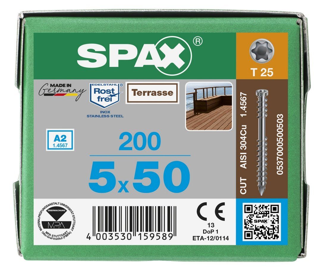 200 St), A2, SPAX Spanplattenschraube Terrassenschraube, 5x50 mm (Edelstahl