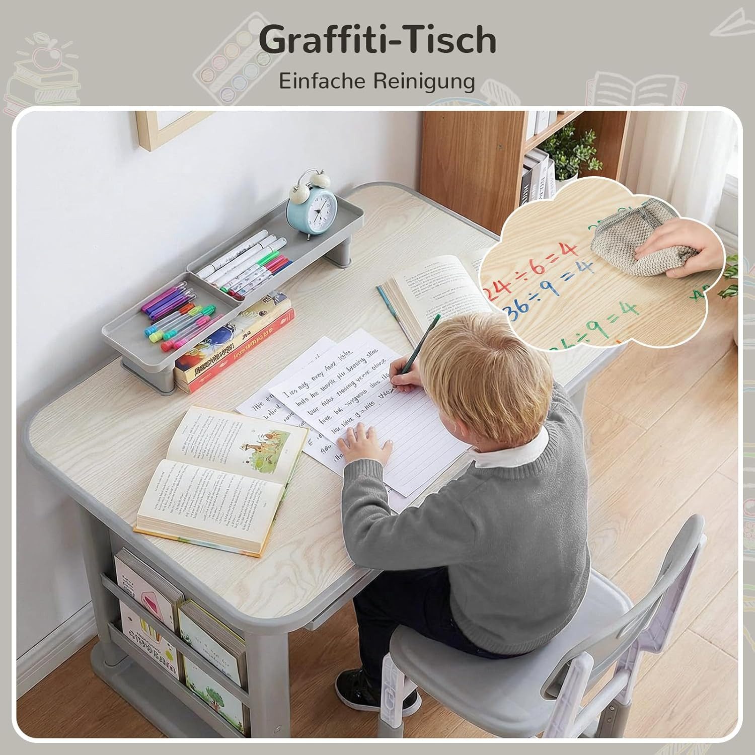 TLGREEN Kinderschreibtisch mit Stuhl Set Höhenverstellbarer (Kinderaußenhocker innen/außen nutzbar, Graffiti-Tisch 3-12 Jahre, mit Seiten-Bücherregal & Ablagekasten), Stabiler Kinderlernplatz für Kinderzimmer/Garten/Arbeitszimmer