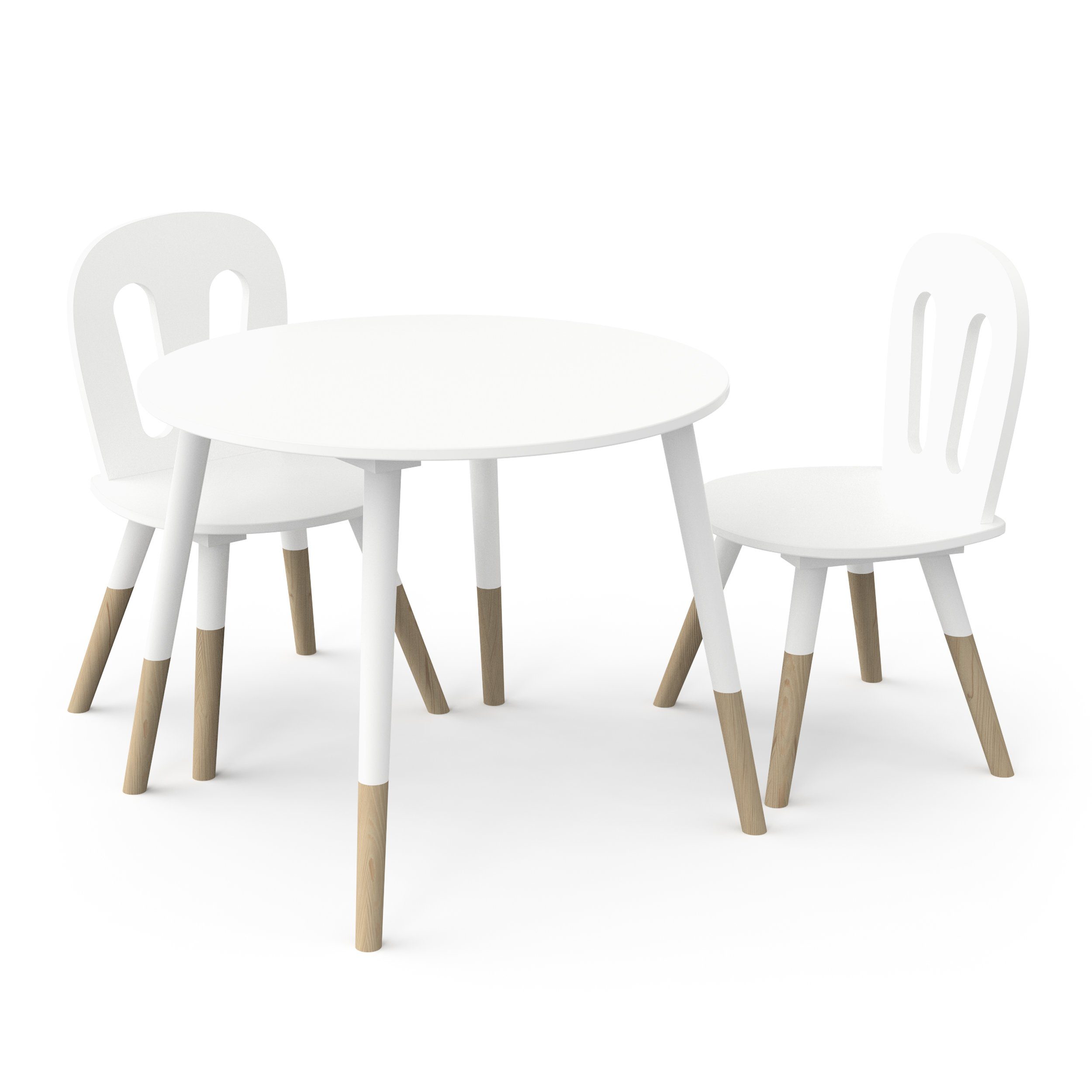 habeig Kindertisch Tisch & 2 weiß/natur (3er-Set), sehr Stühle verarbeitet weiß Sitzhocker gut Kinderset Sitzgarnitur Holz Kinder